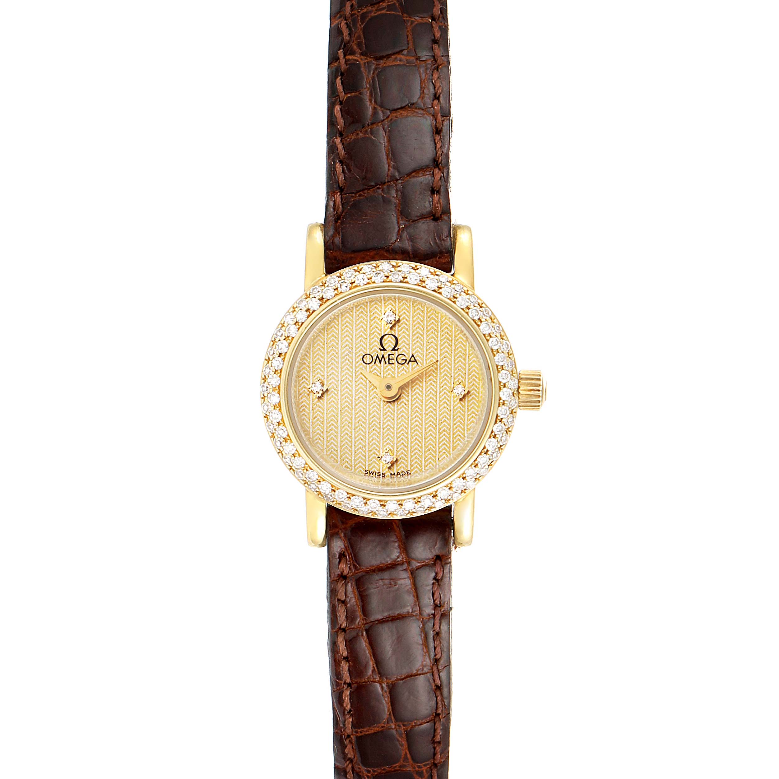 This image shows a front view of the Omega 1450 Women's Yellow Gold Champagne Dial 1450 Women's Yellow Gold Champagne Dial DeVille Mini Yellow Gold Diamond Cocktail Ladies Watch 1450 Unworn model, highlighting the dial and strap.