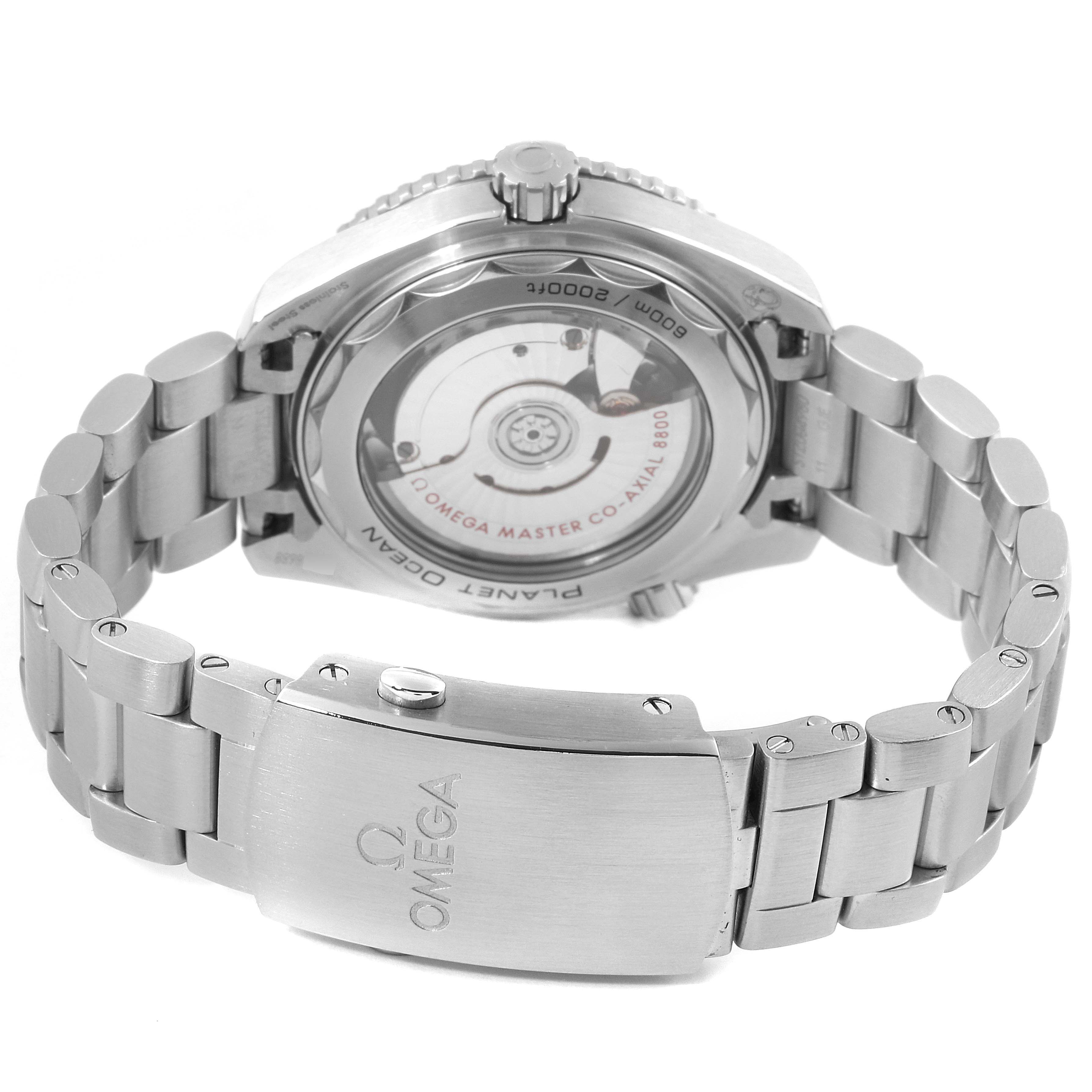 The image shows the back view of the Omega Planet Ocean 215.30.40.20.03.001 Men
s Stainless Steel Blue Dial 215.30.40.20.03.001 Men
s Stainless Steel Blue Dial watch, highlighting the clasp, bracelet, and visible automatic movement.