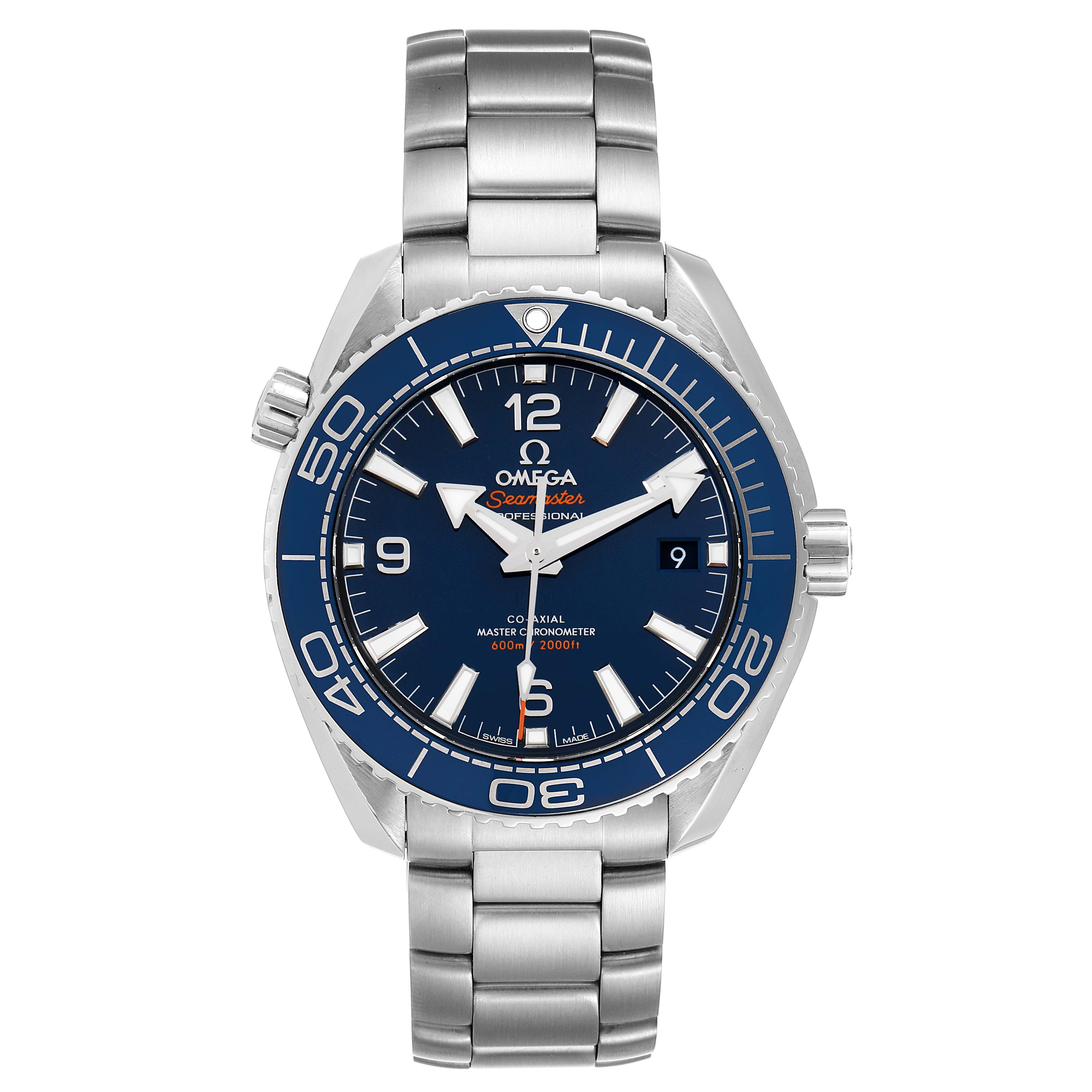 The image shows a front view of an Omega Planet Ocean 215.30.40.20.03.001 Men
s Stainless Steel Blue Dial 215.30.40.20.03.001 Men
s Stainless Steel Blue Dial watch, highlighting its face, bezel, crown, and metal bracelet.