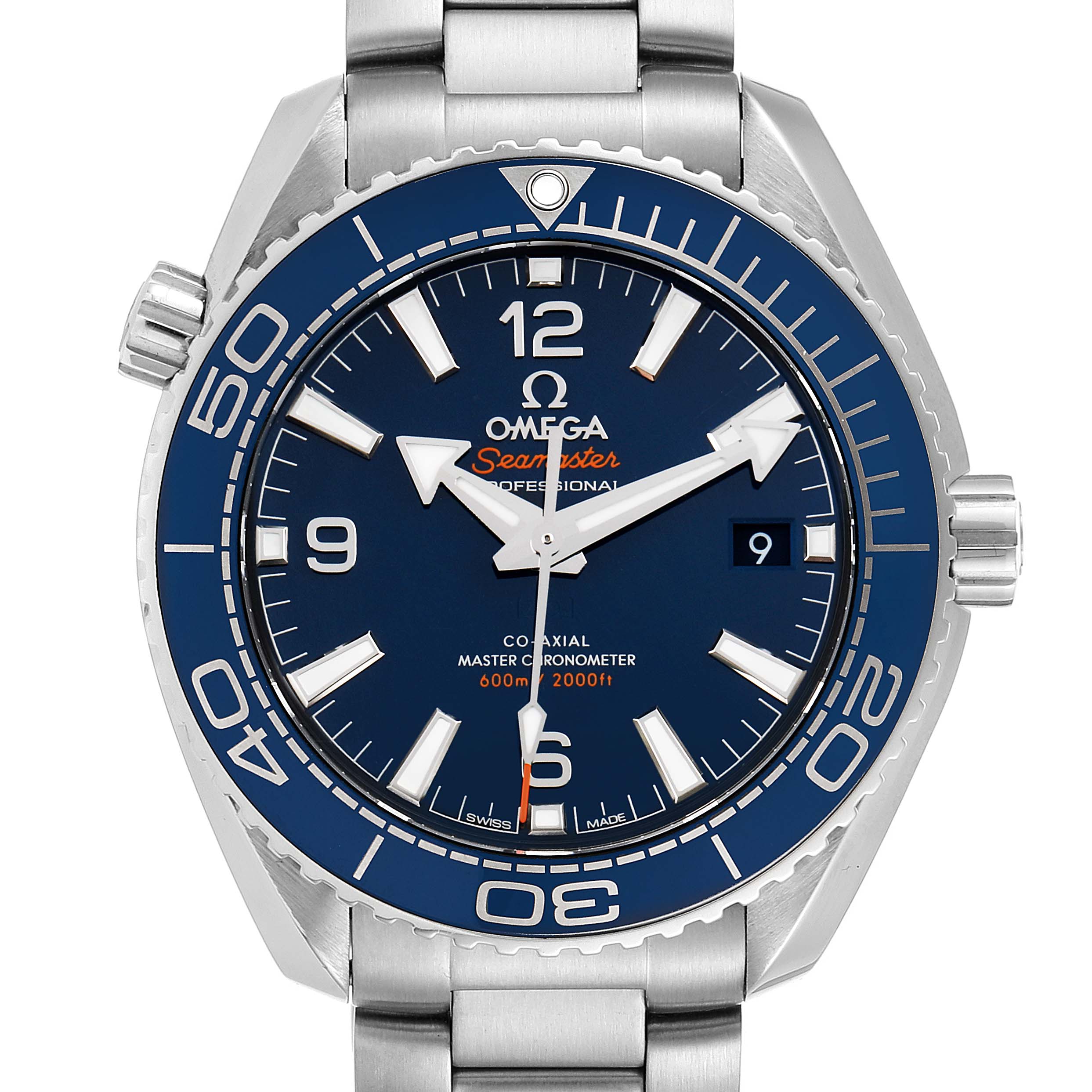 This image shows the face and part of the bracelet of the Omega Planet Ocean 215.30.40.20.03.001 Men
s Stainless Steel Blue Dial 215.30.40.20.03.001 Men
s Stainless Steel Blue Dial watch, viewed from the front.