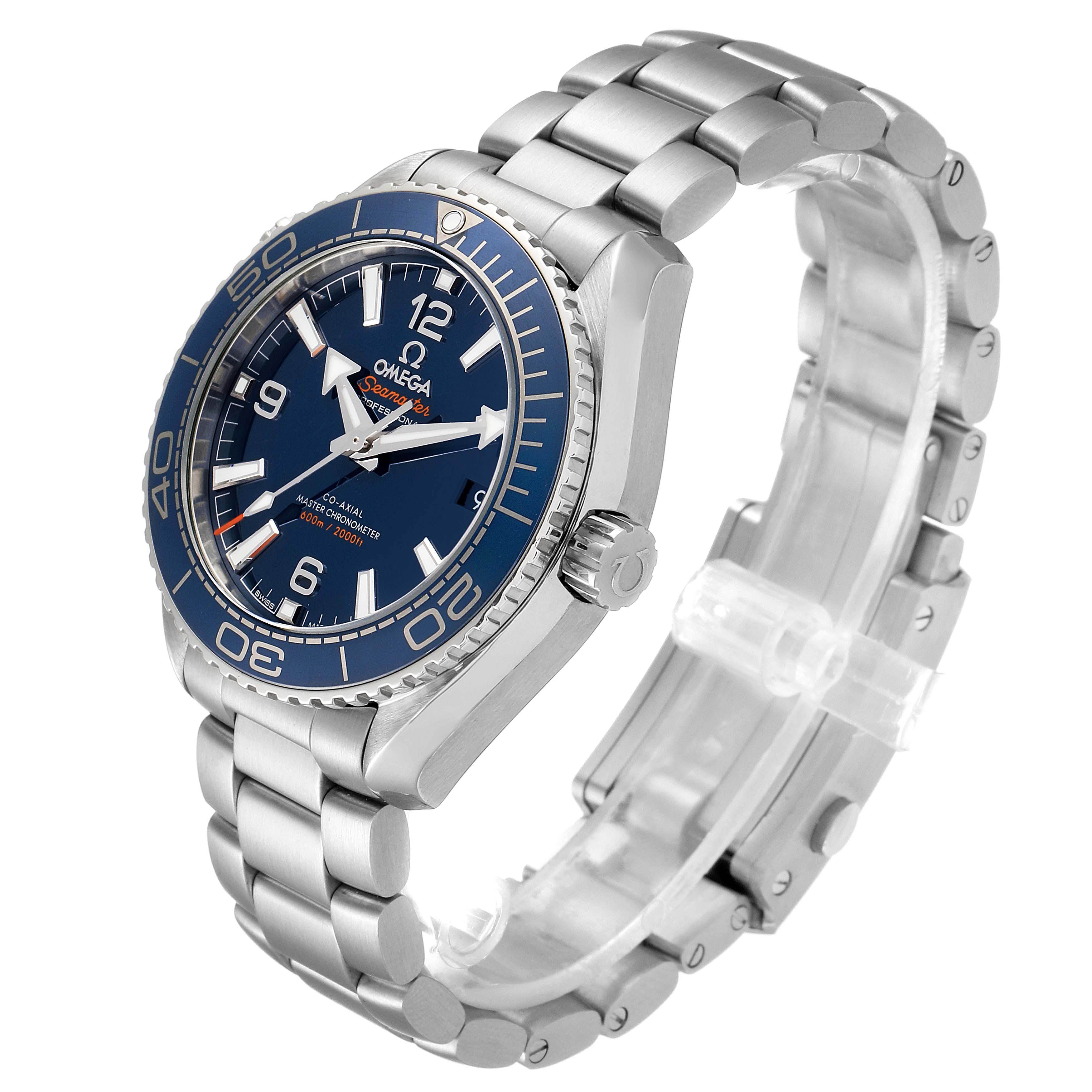 The Omega Planet Ocean 215.30.40.20.03.001 Men
s Stainless Steel Blue Dial 215.30.40.20.03.001 Men
s Stainless Steel Blue Dial watch is shown at a three-quarter angle, highlighting the face, bezel, crown, and the stainless steel bracelet.