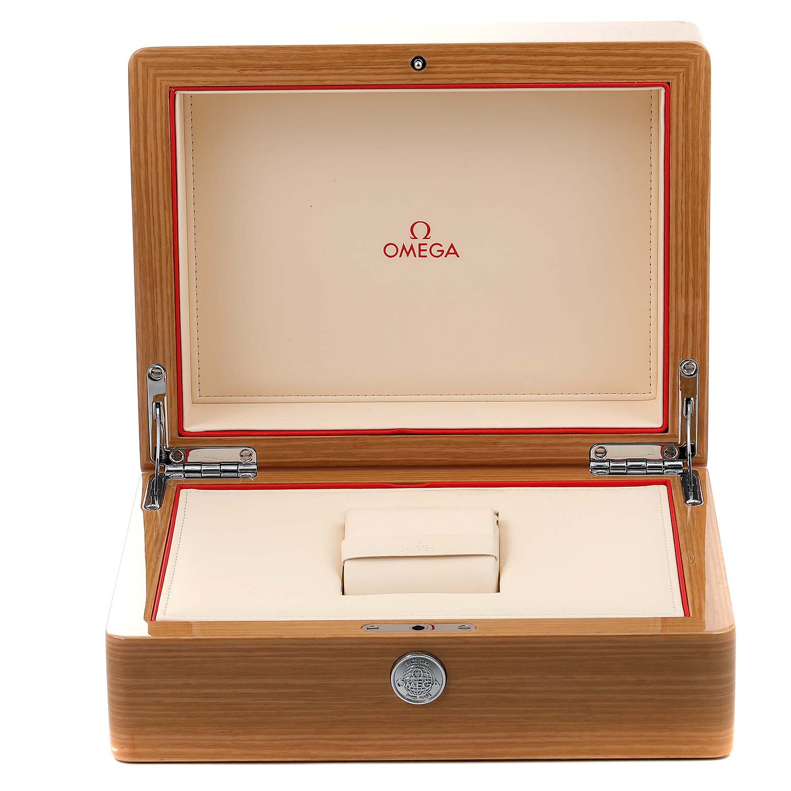 The image shows an open Omega Planet Ocean 215.30.40.20.03.001 Men
s Stainless Steel Blue Dial 215.30.40.20.03.001 Men
s Stainless Steel Blue Dial watch box, displaying the interior compartments and branding.