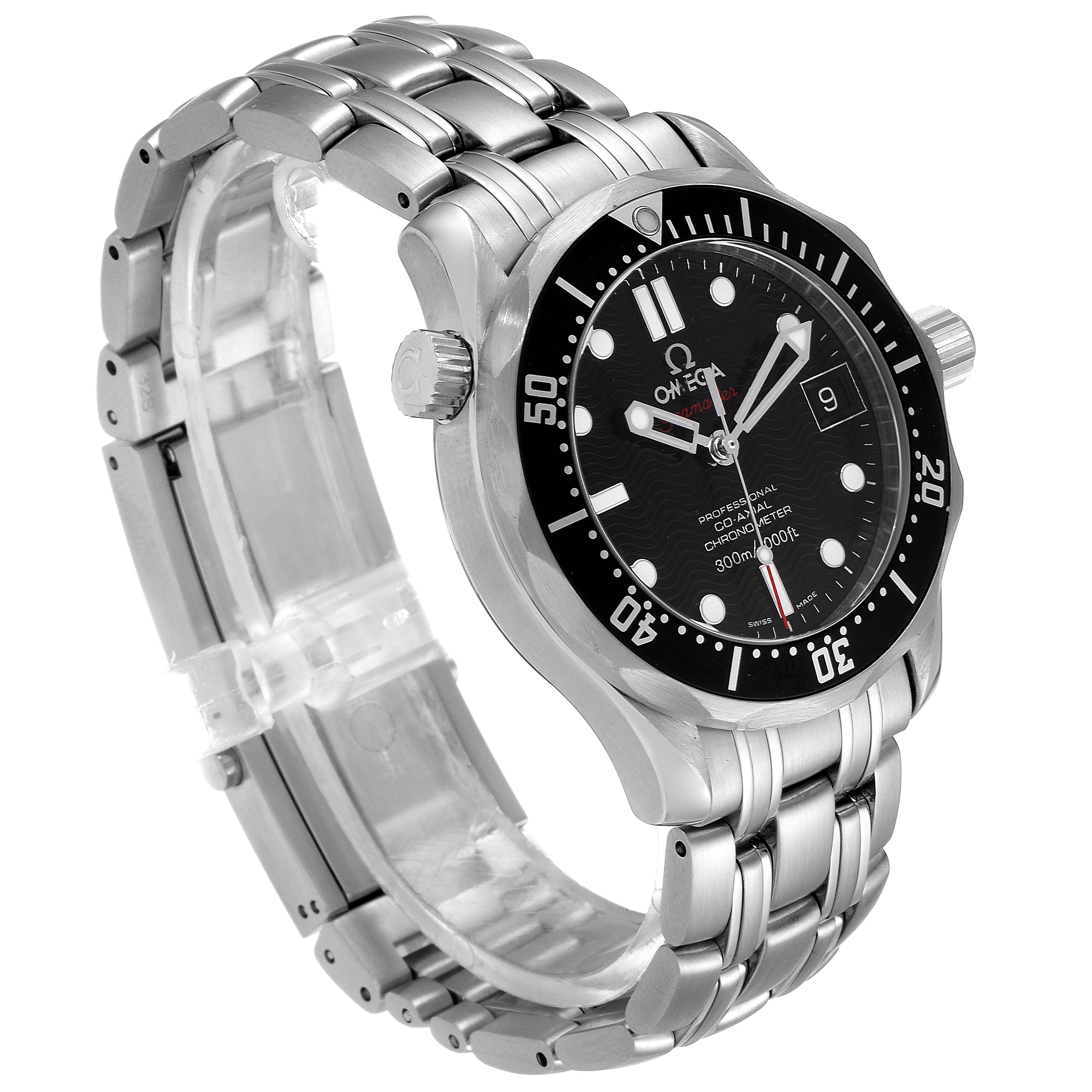 The watch is an Omega Seamaster 212.30.36.20.01.001 Men
s Stainless Steel Black Dial 212.30.36.20.01.001 Men
s Stainless Steel Black Dial model shown at an angled side view, featuring the face, bezel, crown, and stainless steel bracelet.