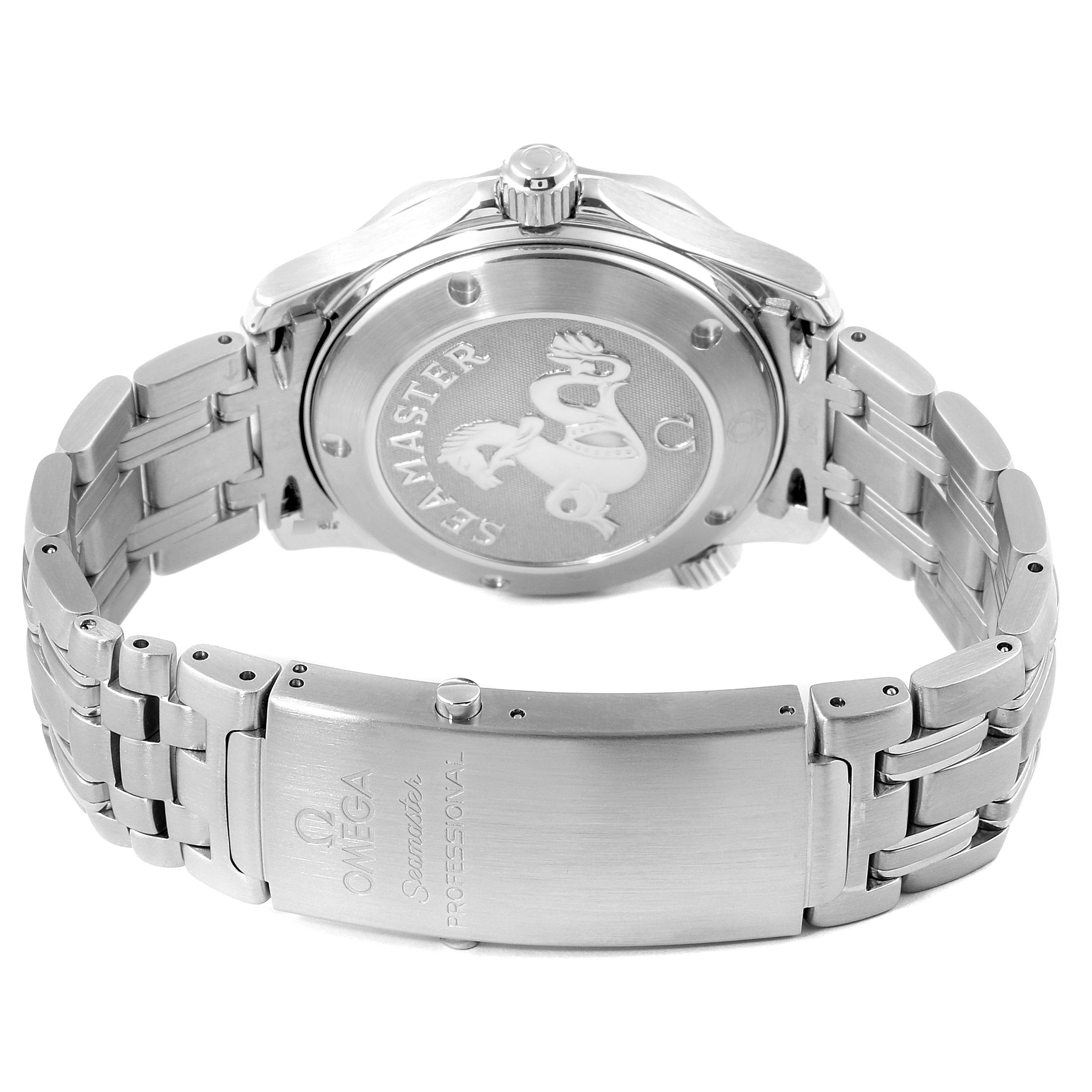 The image shows the back and clasp of an Omega Seamaster 212.30.36.20.01.001 Men
s Stainless Steel Black Dial 212.30.36.20.01.001 Men
s Stainless Steel Black Dial watch, highlighting the stainless steel bracelet and case back.