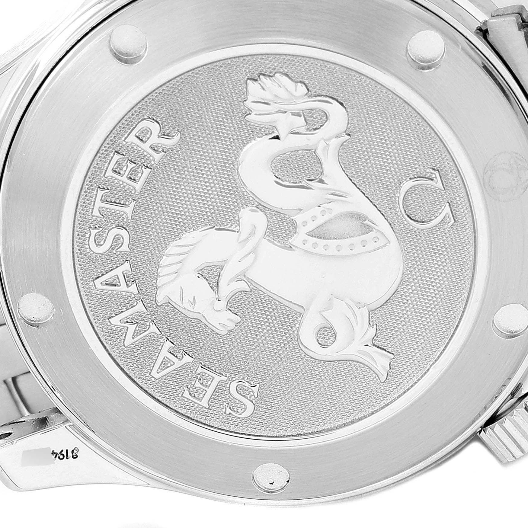 The image shows the case back of an Omega Seamaster 212.30.36.20.01.001 Men
s Stainless Steel Black Dial 212.30.36.20.01.001 Men
s Stainless Steel Black Dial watch with the engraved logo and text.