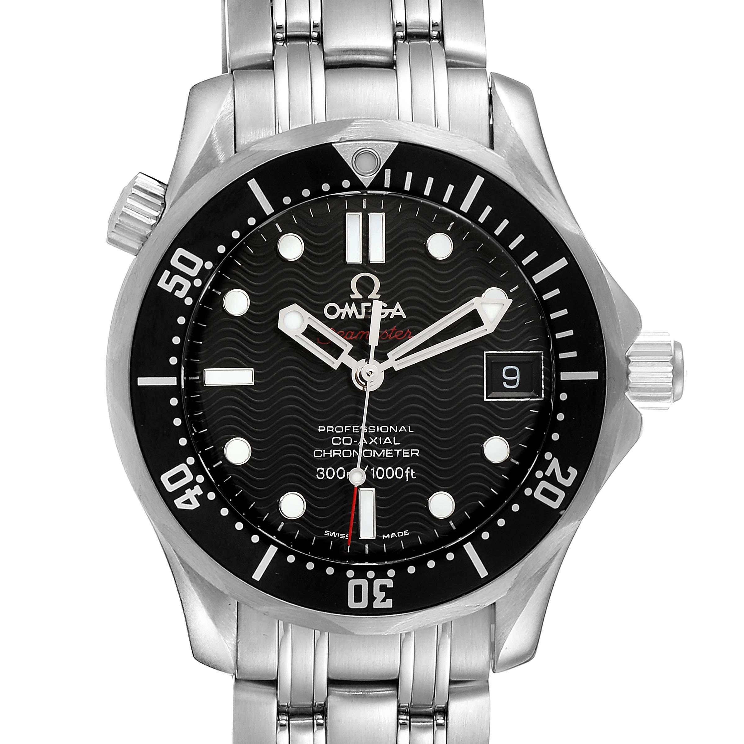 The Omega Seamaster 212.30.36.20.01.001 Men
s Stainless Steel Black Dial 212.30.36.20.01.001 Men
s Stainless Steel Black Dial watch is shown from a front angle, highlighting its dial, bezel, and bracelet.