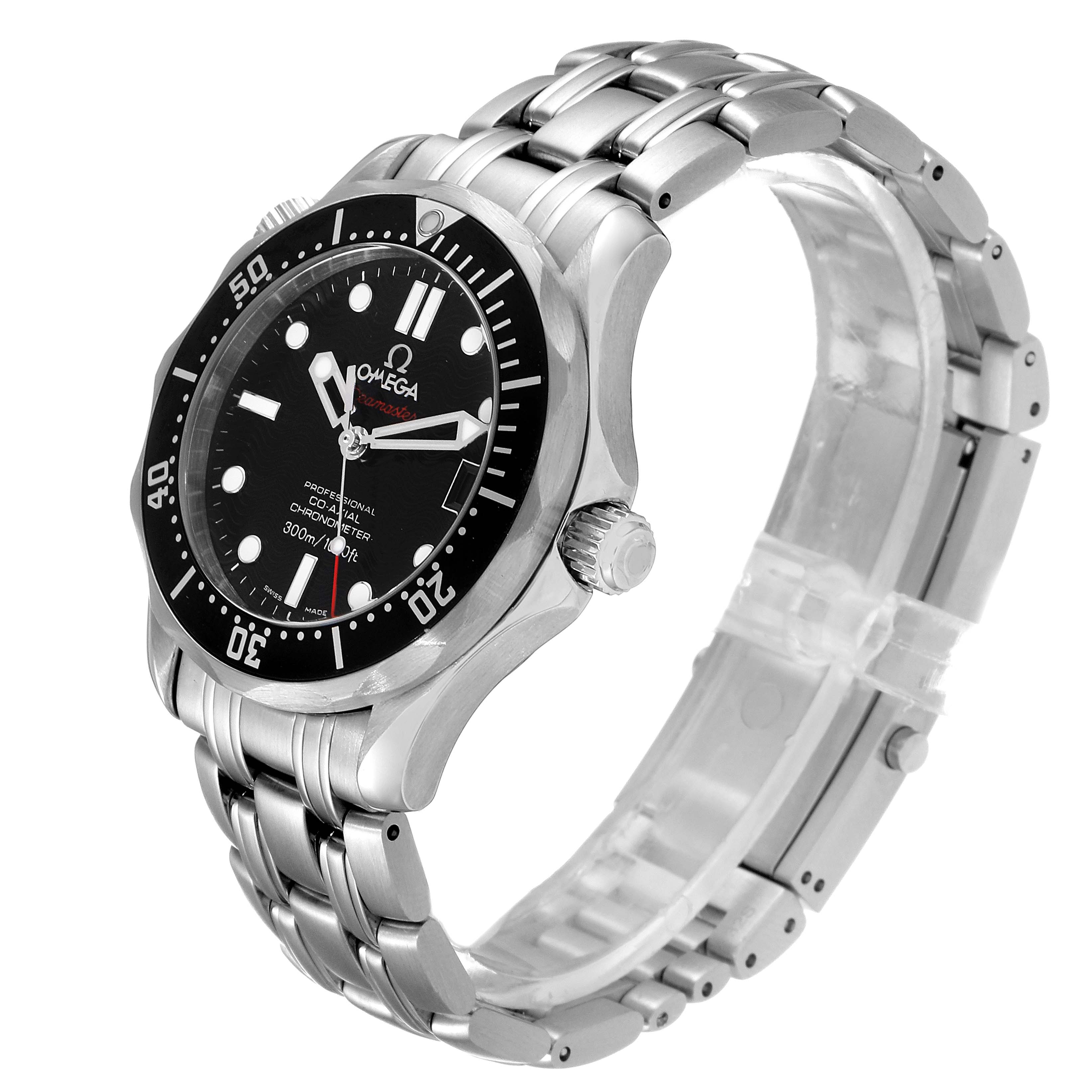 This image shows a side angle of the Omega Seamaster 212.30.36.20.01.001 Men
s Stainless Steel Black Dial 212.30.36.20.01.001 Men
s Stainless Steel Black Dial watch, highlighting its black dial, bezel, crown, and stainless steel bracelet.