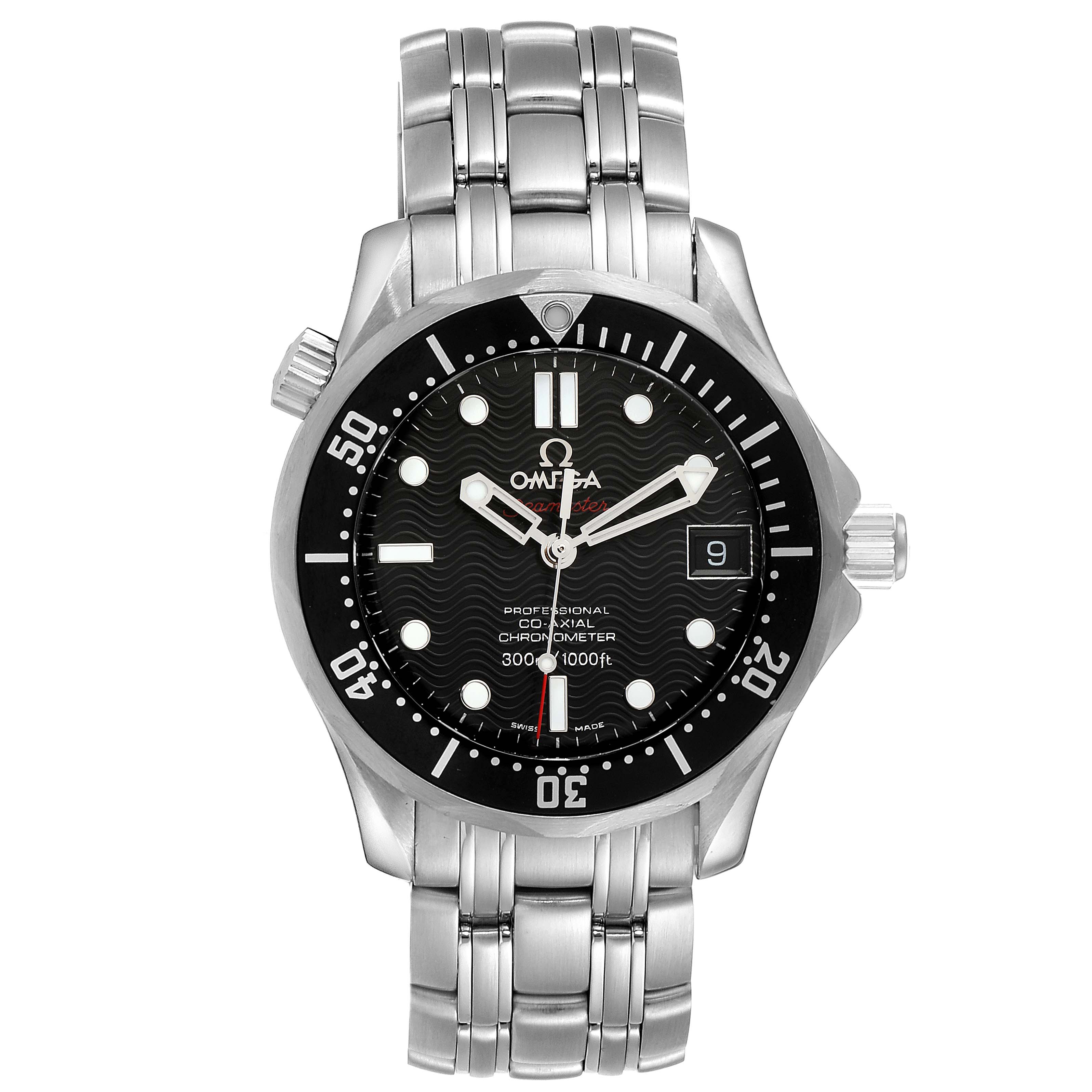 This image shows a front view of an Omega Seamaster 212.30.36.20.01.001 Men
s Stainless Steel Black Dial 212.30.36.20.01.001 Men
s Stainless Steel Black Dial watch, highlighting its black dial, bezel, and stainless steel bracelet.