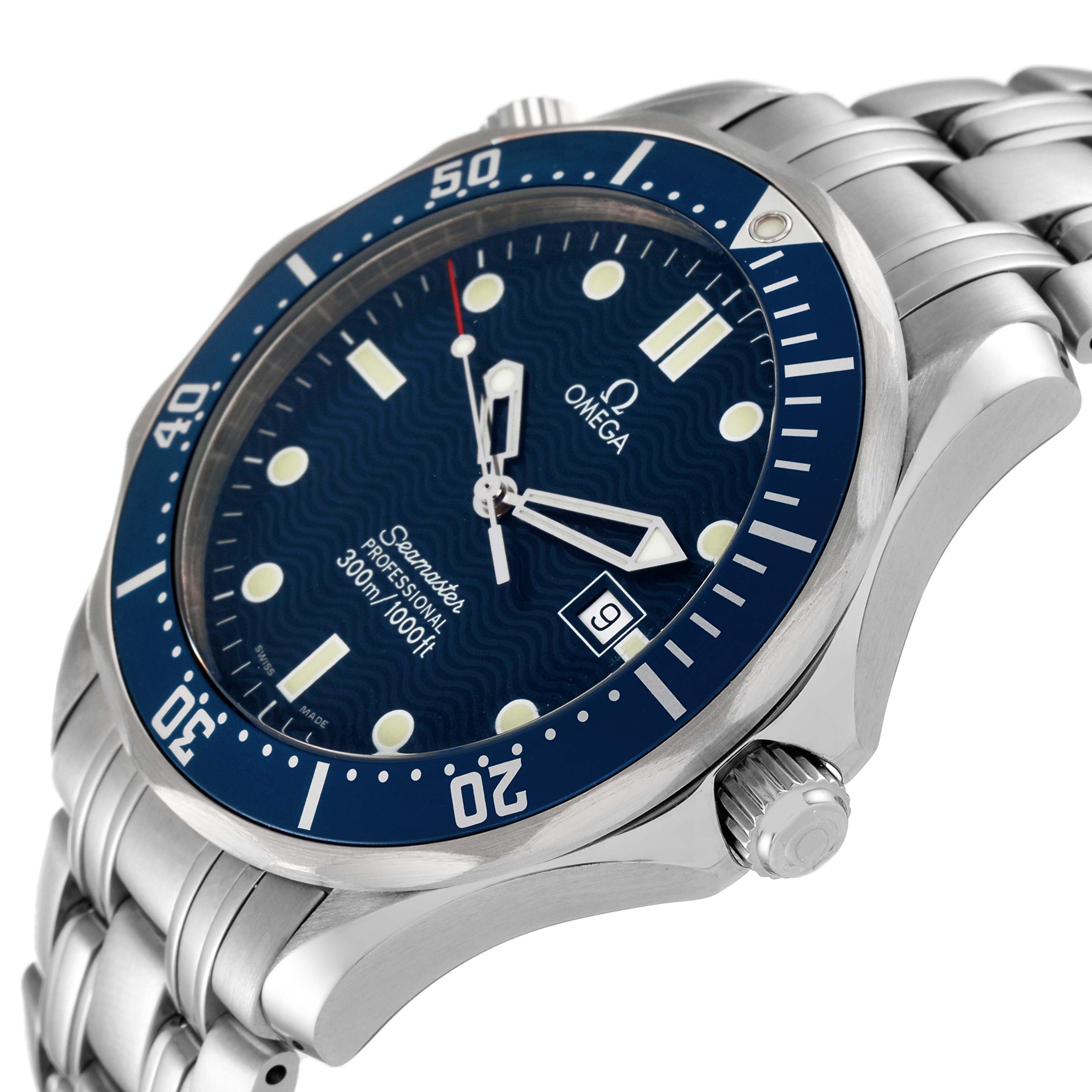 The image shows an angled side and front view of the Omega Seamaster 2541.80.00 Men's Stainless Steel Blue Dial 2541.80.00 Men's Stainless Steel Blue Dial watch, highlighting the dial, bezel, crown, and part of the bracelet.
