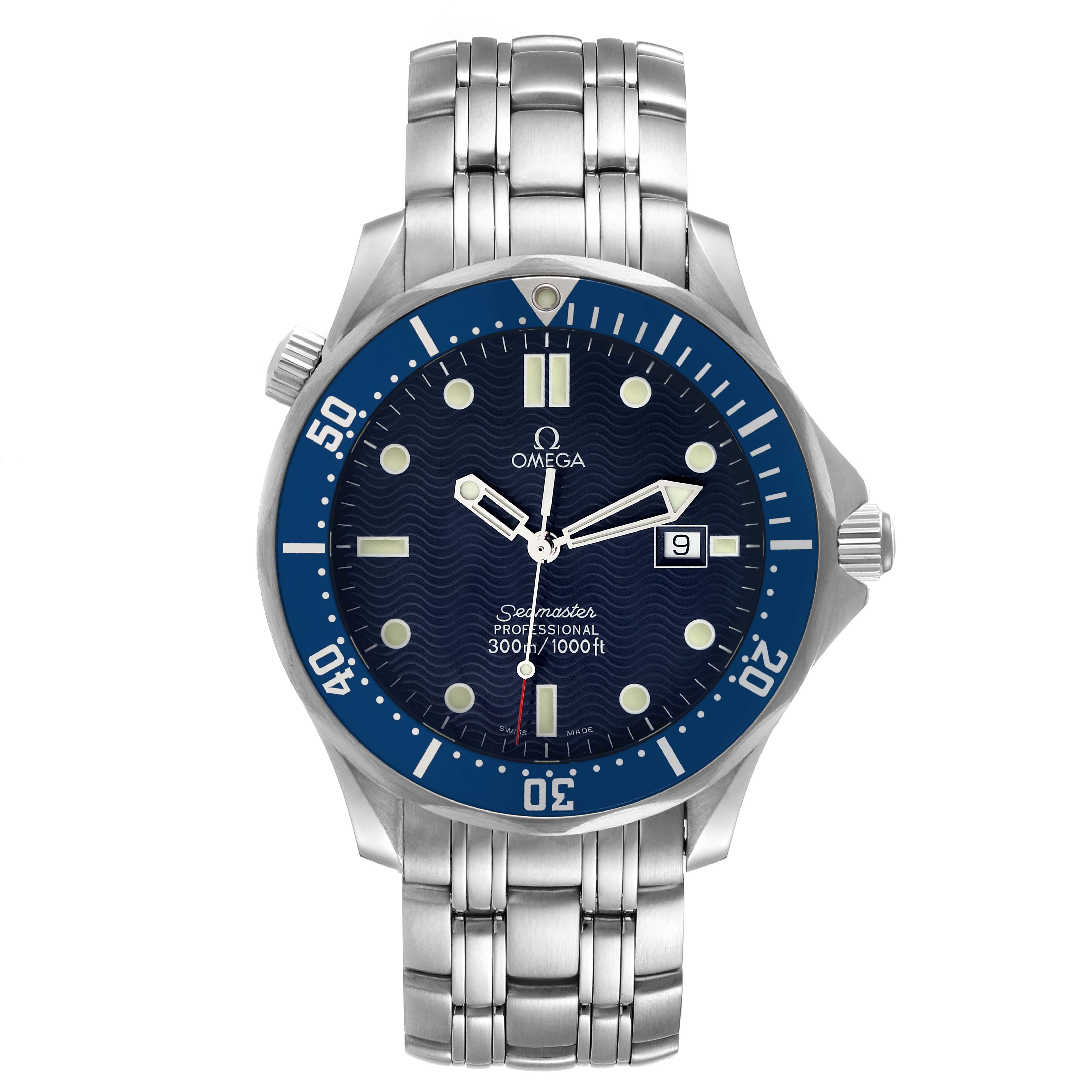 This image shows a front view of the Omega Seamaster 2541.80.00 Men's Stainless Steel Blue Dial 2541.80.00 Men's Stainless Steel Blue Dial watch, displaying its blue dial, bezel, and stainless steel bracelet.