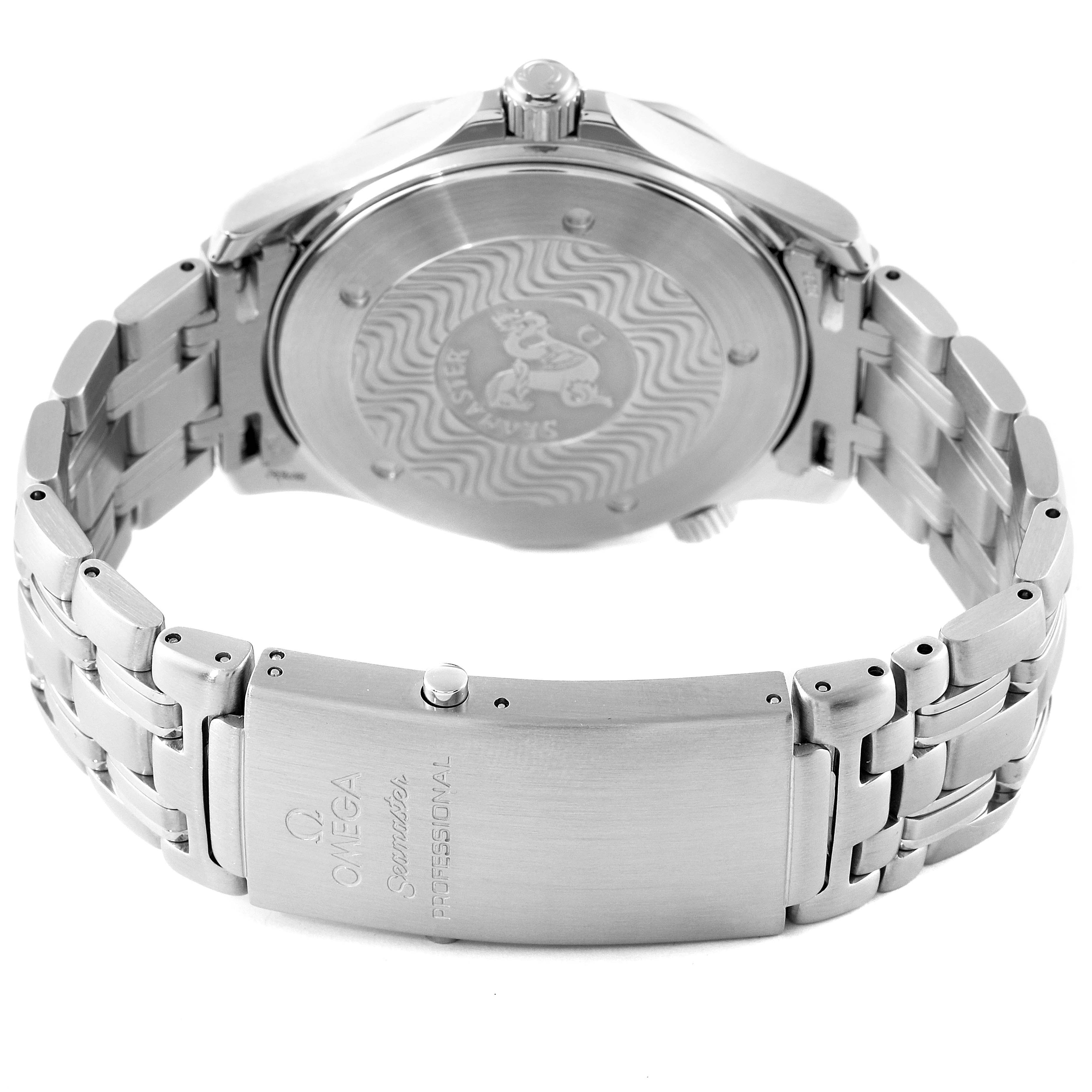 The image shows the back case and metal bracelet of an Omega Seamaster 2541.80.00 Men's Stainless Steel Blue Dial 2541.80.00 Men's Stainless Steel Blue Dial watch from a rear angle.