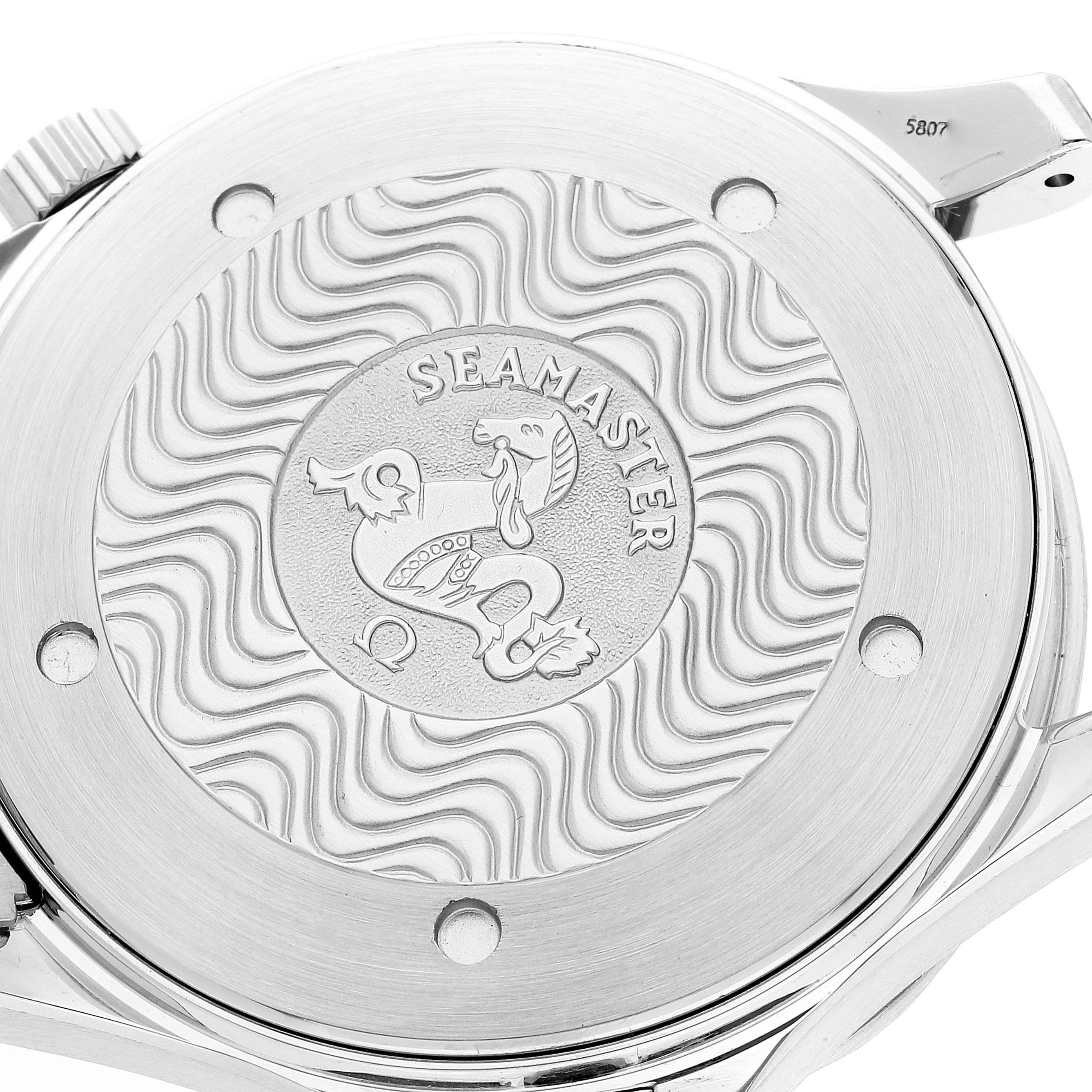 This image shows the case back of an Omega Seamaster 2541.80.00 Men's Stainless Steel Blue Dial 2541.80.00 Men's Stainless Steel Blue Dial watch, displaying the engraved Seamaster logo.