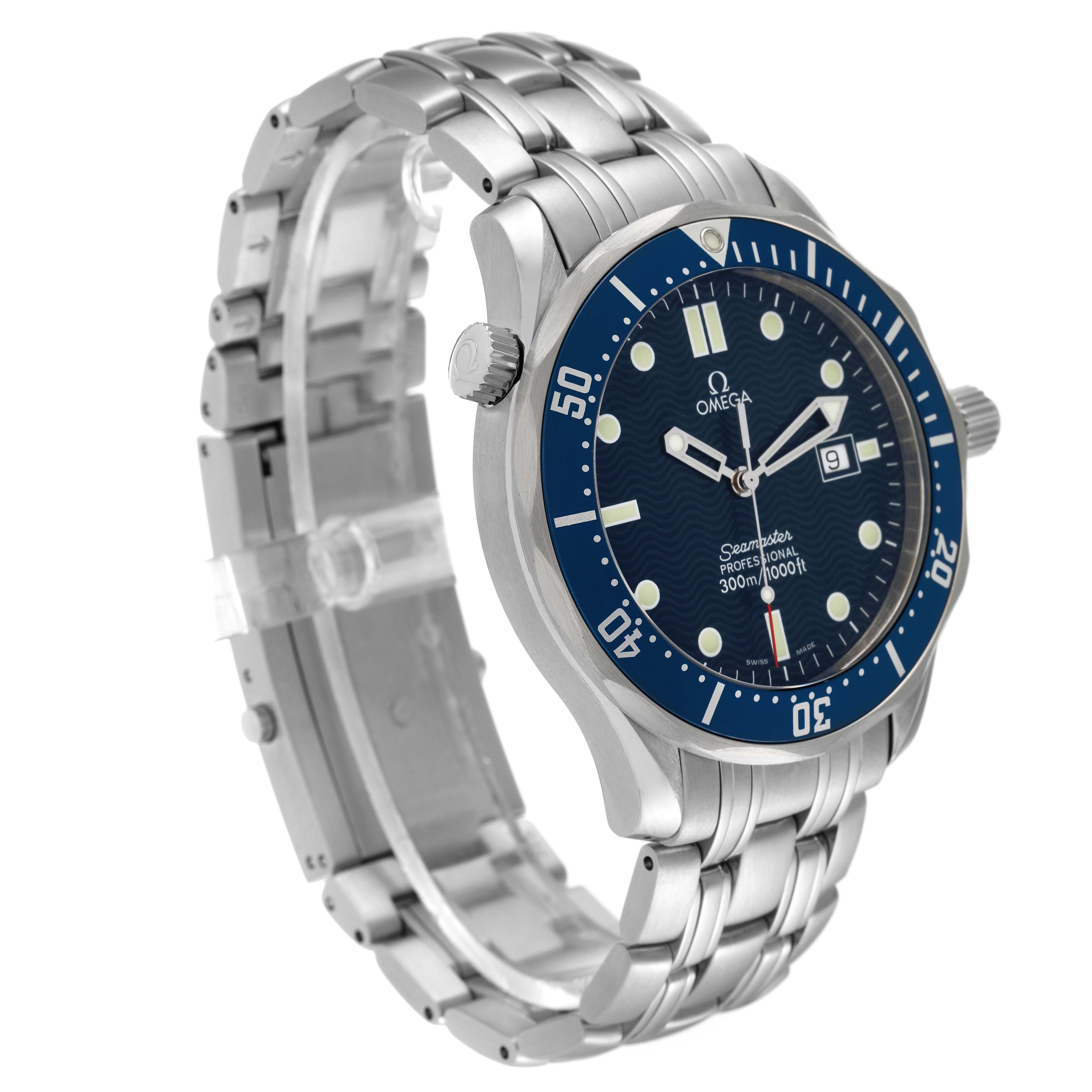 This angled view of the Omega Seamaster 2541.80.00 Men's Stainless Steel Blue Dial 2541.80.00 Men's Stainless Steel Blue Dial watch shows the face, bezel, crown, and part of the metal bracelet.