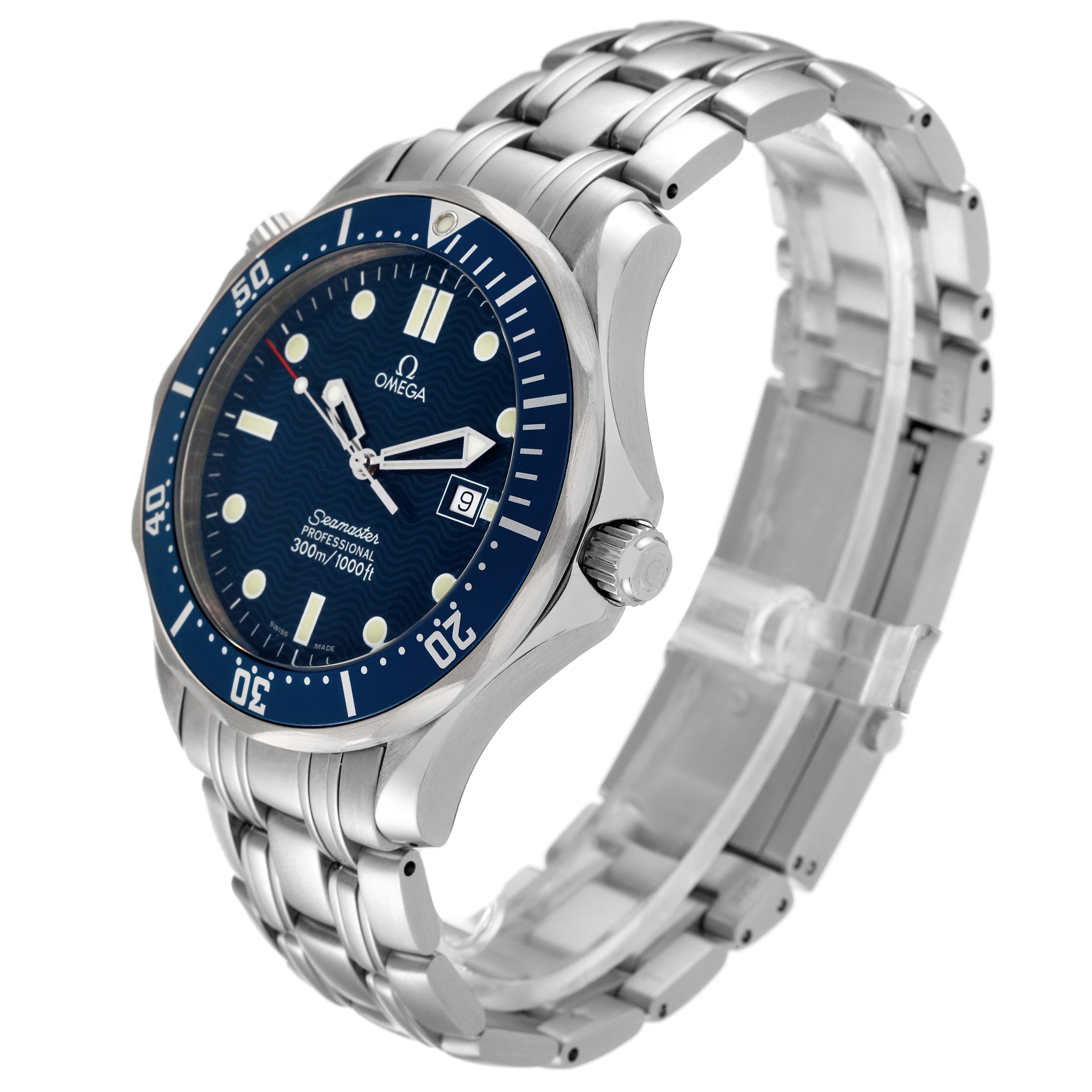 The image shows an angled view of an Omega Seamaster 2541.80.00 Men's Stainless Steel Blue Dial 2541.80.00 Men's Stainless Steel Blue Dial watch, displaying the face, bezel, crown, and metal bracelet.