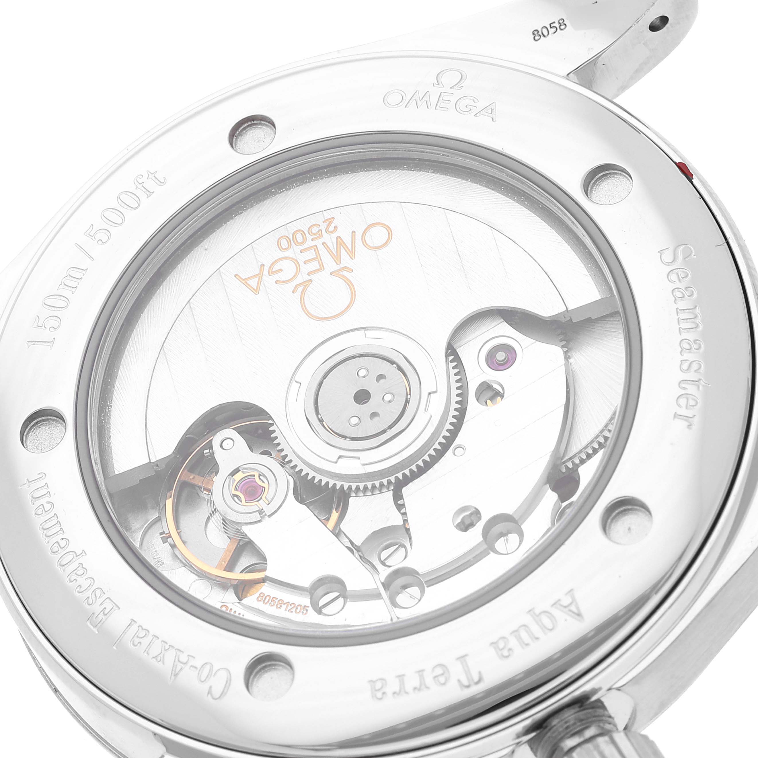 The image shows the case back of the Omega Aqua Terra 2502.33.00 Men's Stainless Steel Silver Dial 2502.33.00 Men's Stainless Steel Silver Dial watch, revealing its inner mechanical movements and engravings.