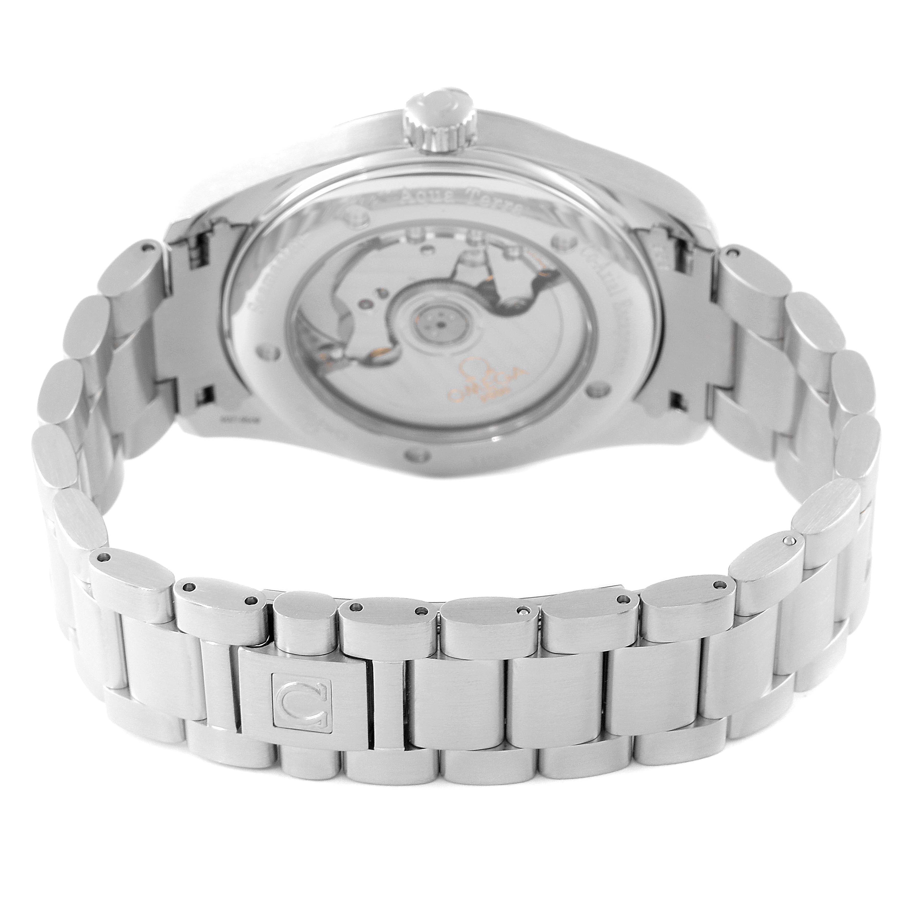The image shows the back view of the Omega Aqua Terra 2502.33.00 Men's Stainless Steel Silver Dial 2502.33.00 Men's Stainless Steel Silver Dial watch, focusing on the movement mechanism and metal bracelet.