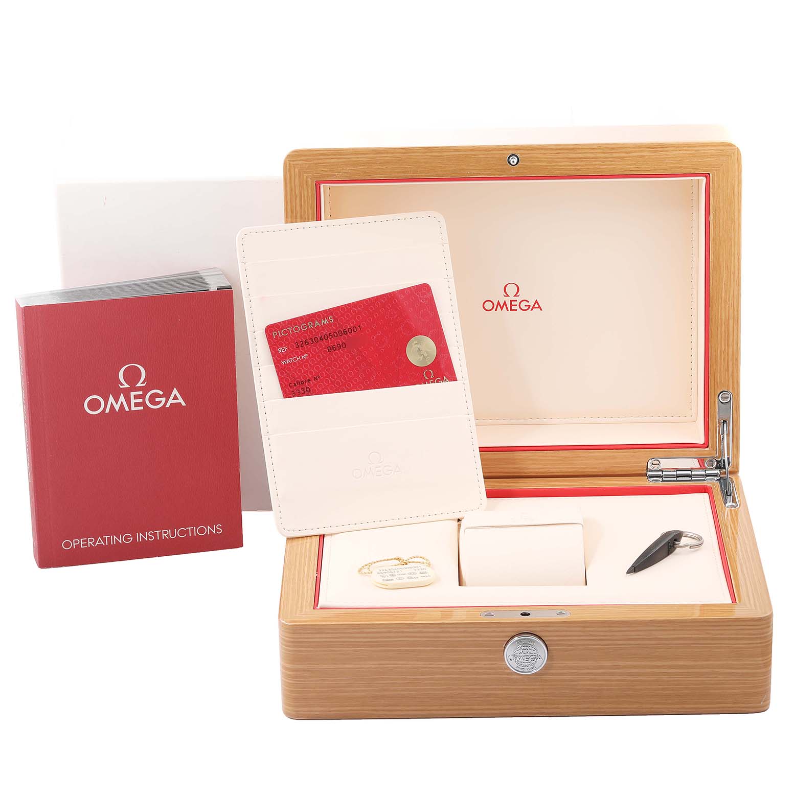 The image shows the packaging and accessories for an Omega Aqua Terra 2502.33.00 Men's Stainless Steel Silver Dial 2502.33.00 Men's Stainless Steel Silver Dial watch, including a box, cardholder with cards, and operating instructions.