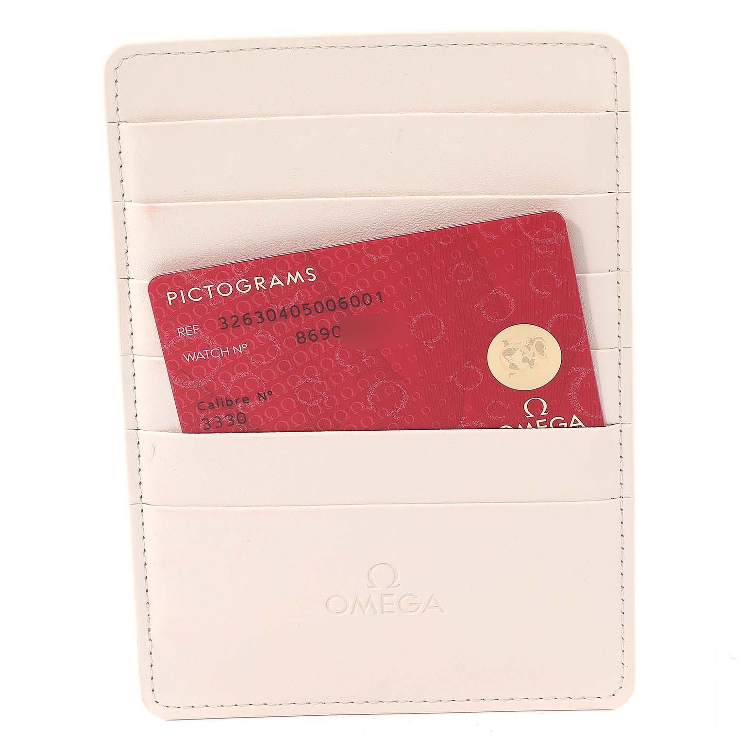 This image shows a white cardholder holding a red pictogram card for the Omega Aqua Terra 2502.33.00 Men's Stainless Steel Silver Dial 2502.33.00 Men's Stainless Steel Silver Dial model.