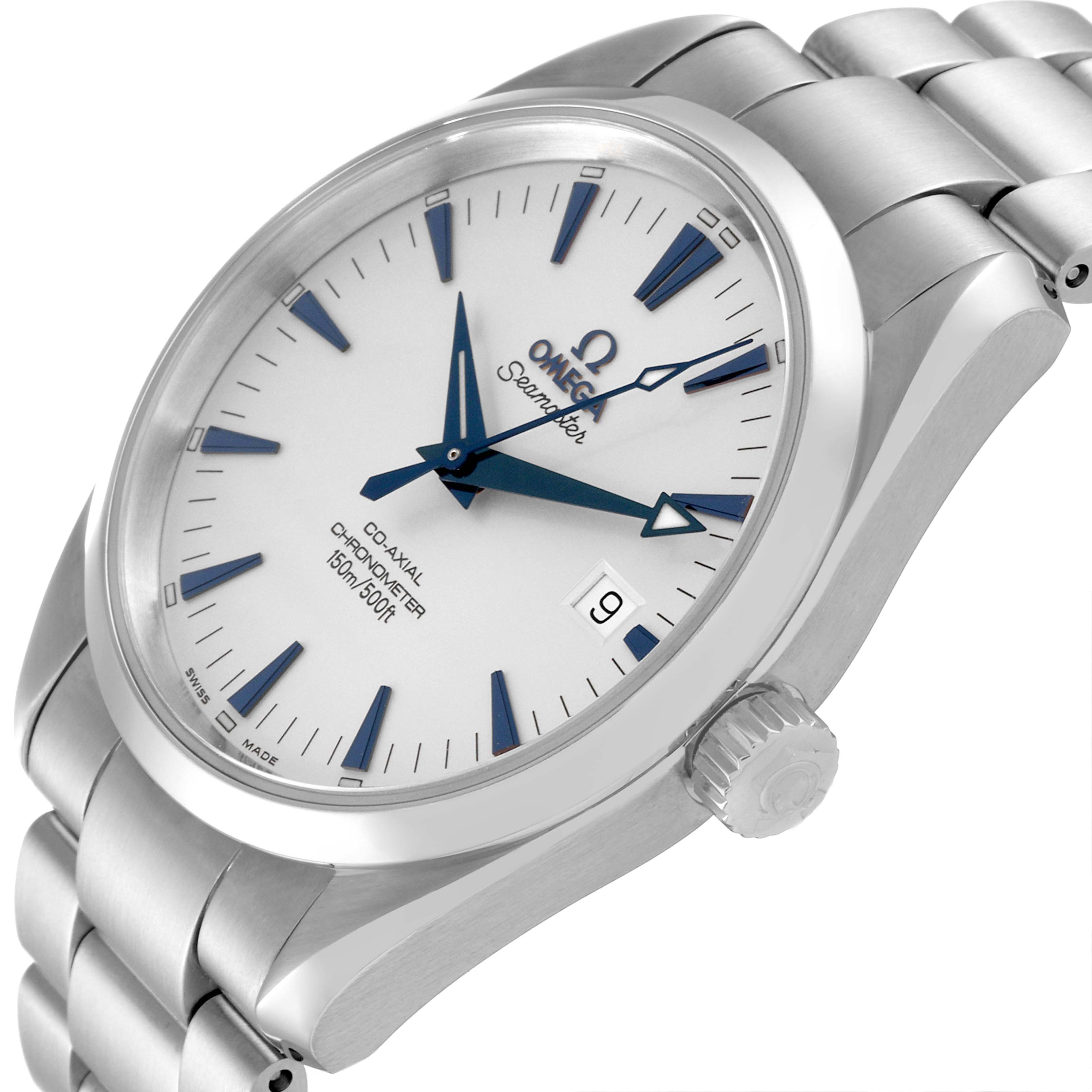 The image shows an angled view of the Omega Aqua Terra 2502.33.00 Men's Stainless Steel Silver Dial 2502.33.00 Men's Stainless Steel Silver Dial watch, highlighting the face, bezel, crown, and part of the bracelet.