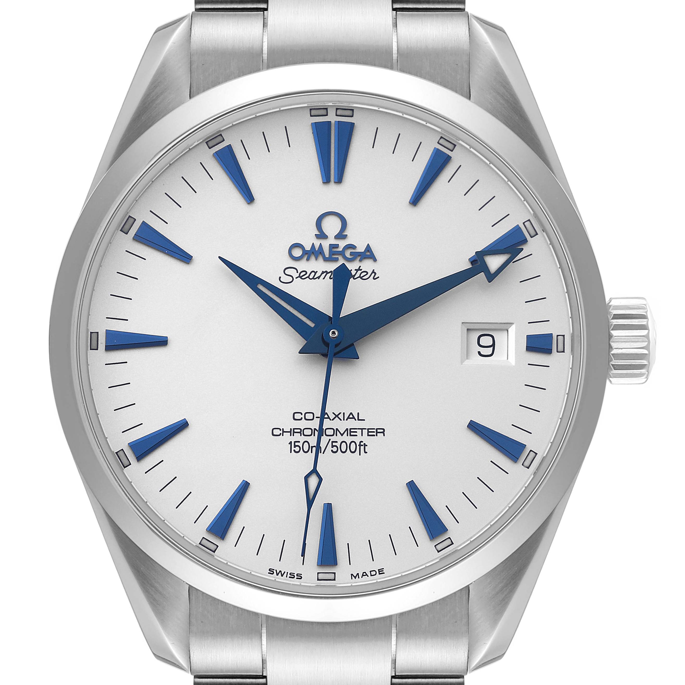 This close-up view shows the face, dial, hands, and part of the bracelet of the Omega Aqua Terra 2502.33.00 Men's Stainless Steel Silver Dial 2502.33.00 Men's Stainless Steel Silver Dial watch model.