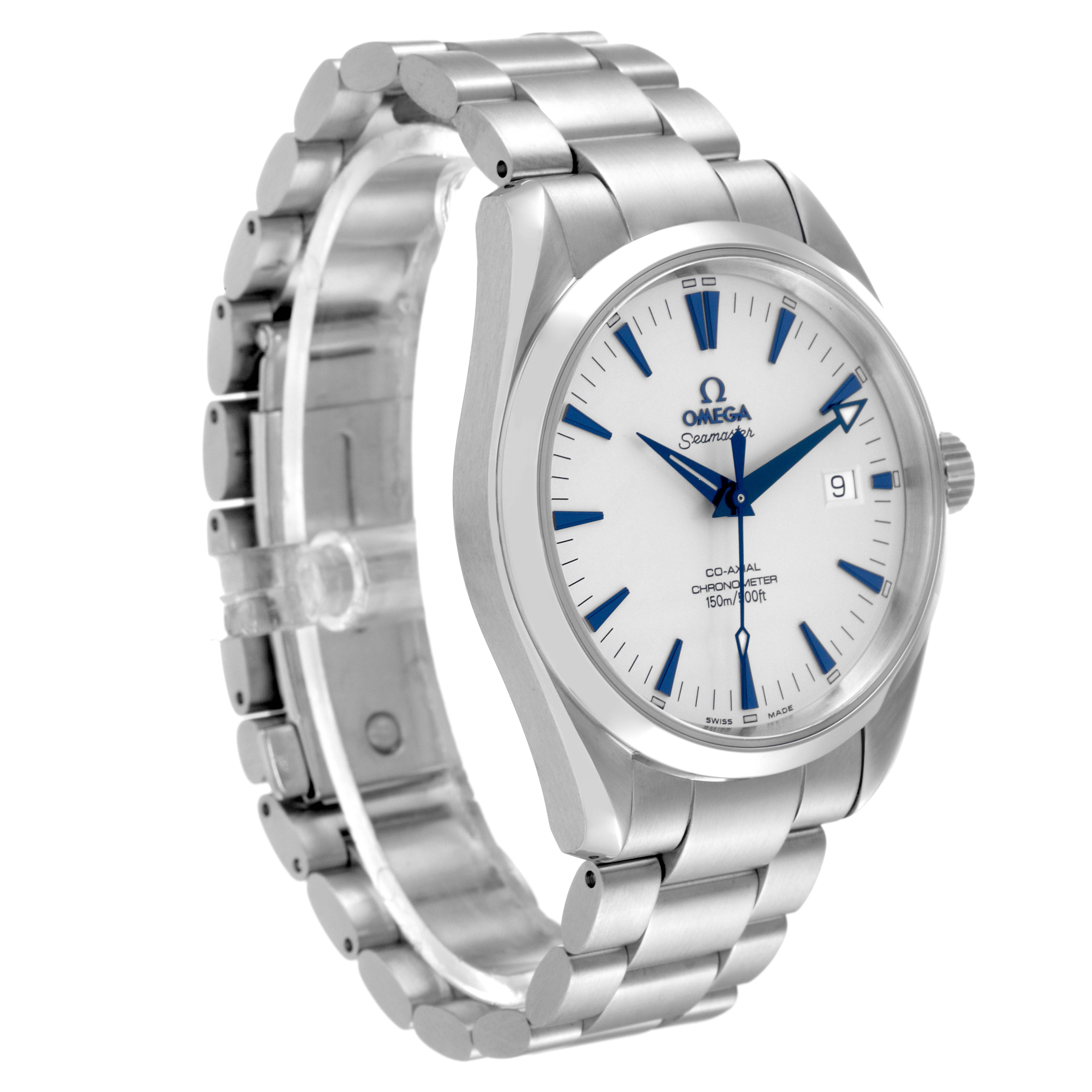 The image shows an Omega Aqua Terra 2502.33.00 Men's Stainless Steel Silver Dial 2502.33.00 Men's Stainless Steel Silver Dial watch at a three-quarters angle, highlighting the face, bezel, and metal bracelet.