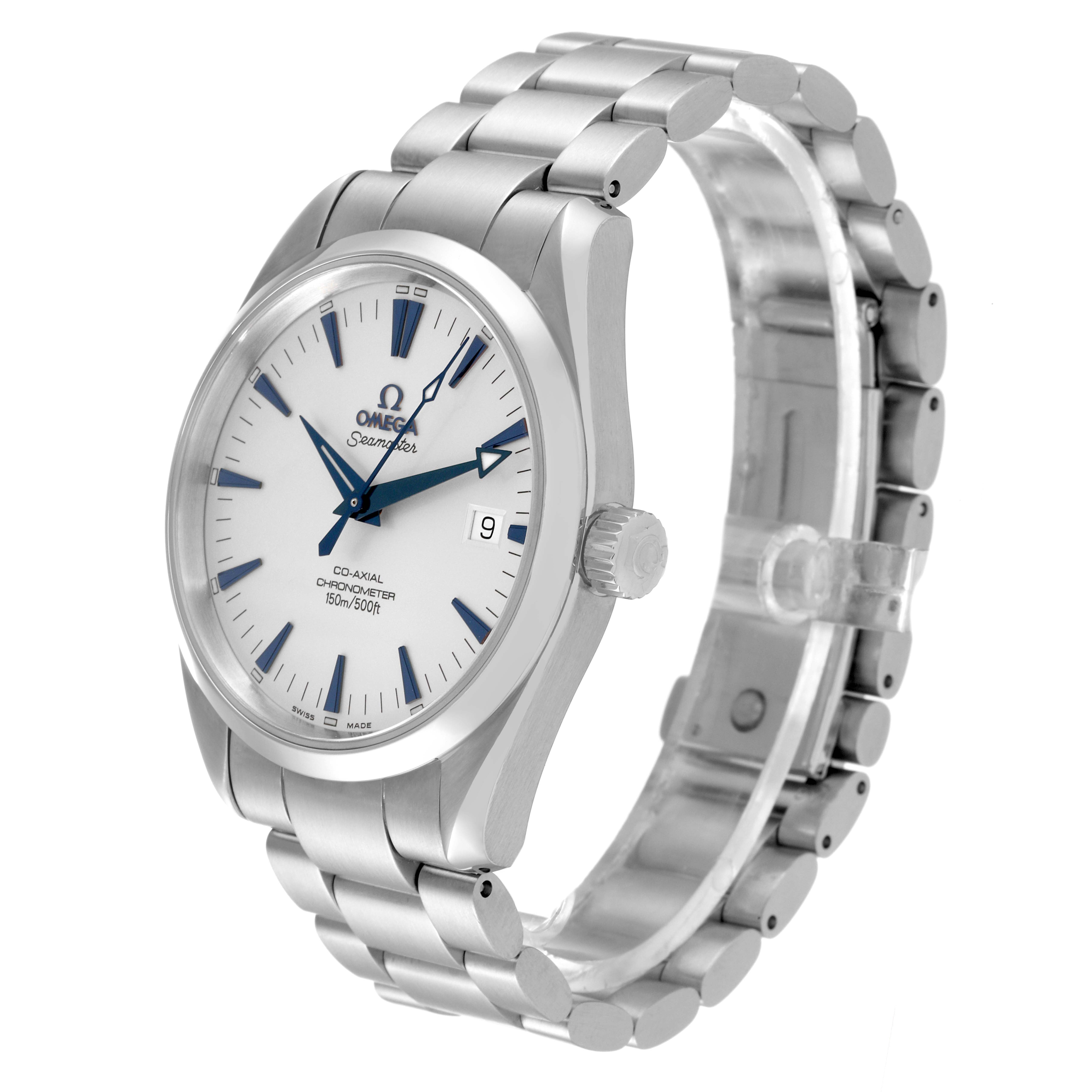 The image shows a side angle of the Omega Aqua Terra 2502.33.00 Men's Stainless Steel Silver Dial 2502.33.00 Men's Stainless Steel Silver Dial watch, displaying its face, bracelet, and crown.