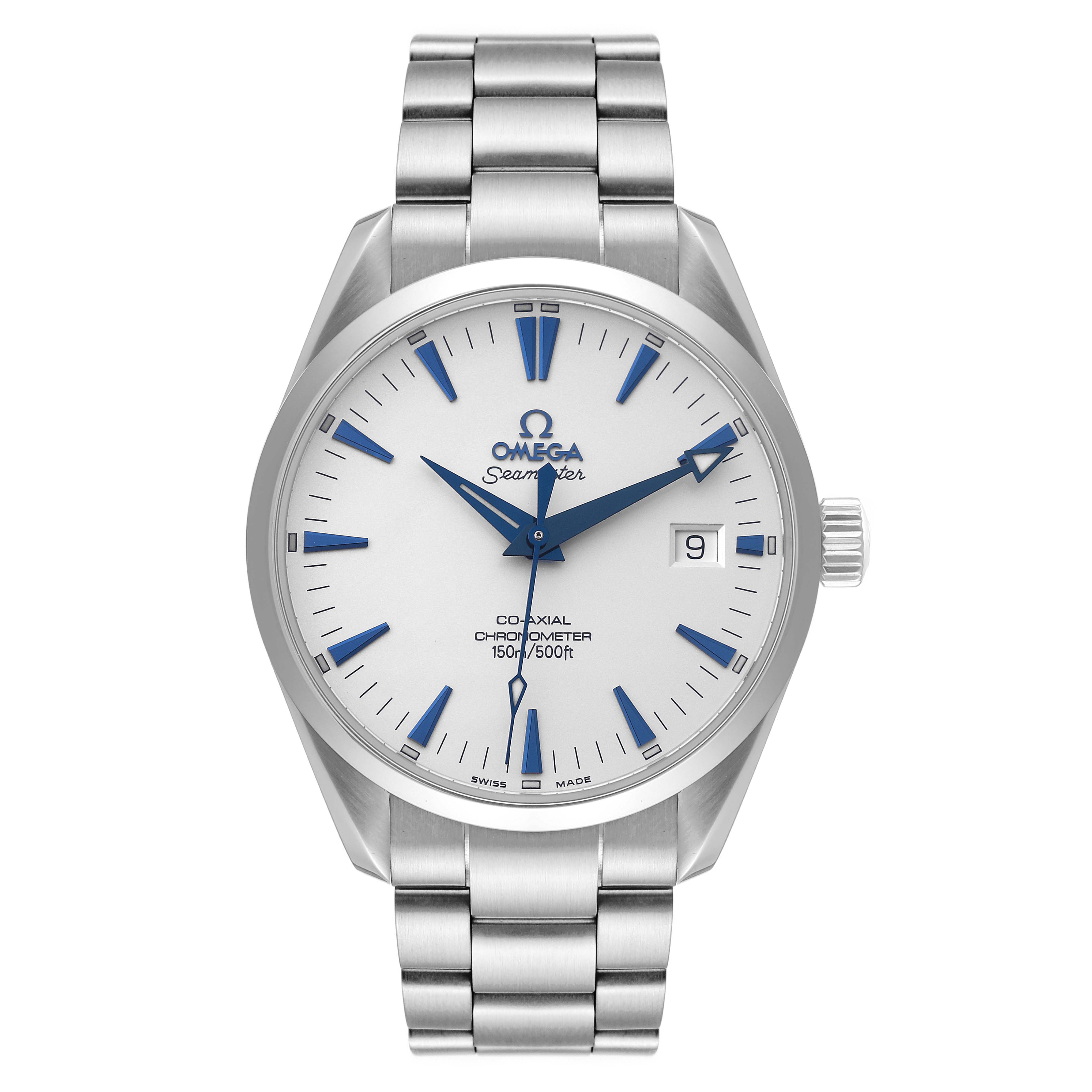 The image shows a front view of the Omega Aqua Terra 2502.33.00 Men's Stainless Steel Silver Dial 2502.33.00 Men's Stainless Steel Silver Dial watch, displaying the dial, hour markers, bracelet, and crown.