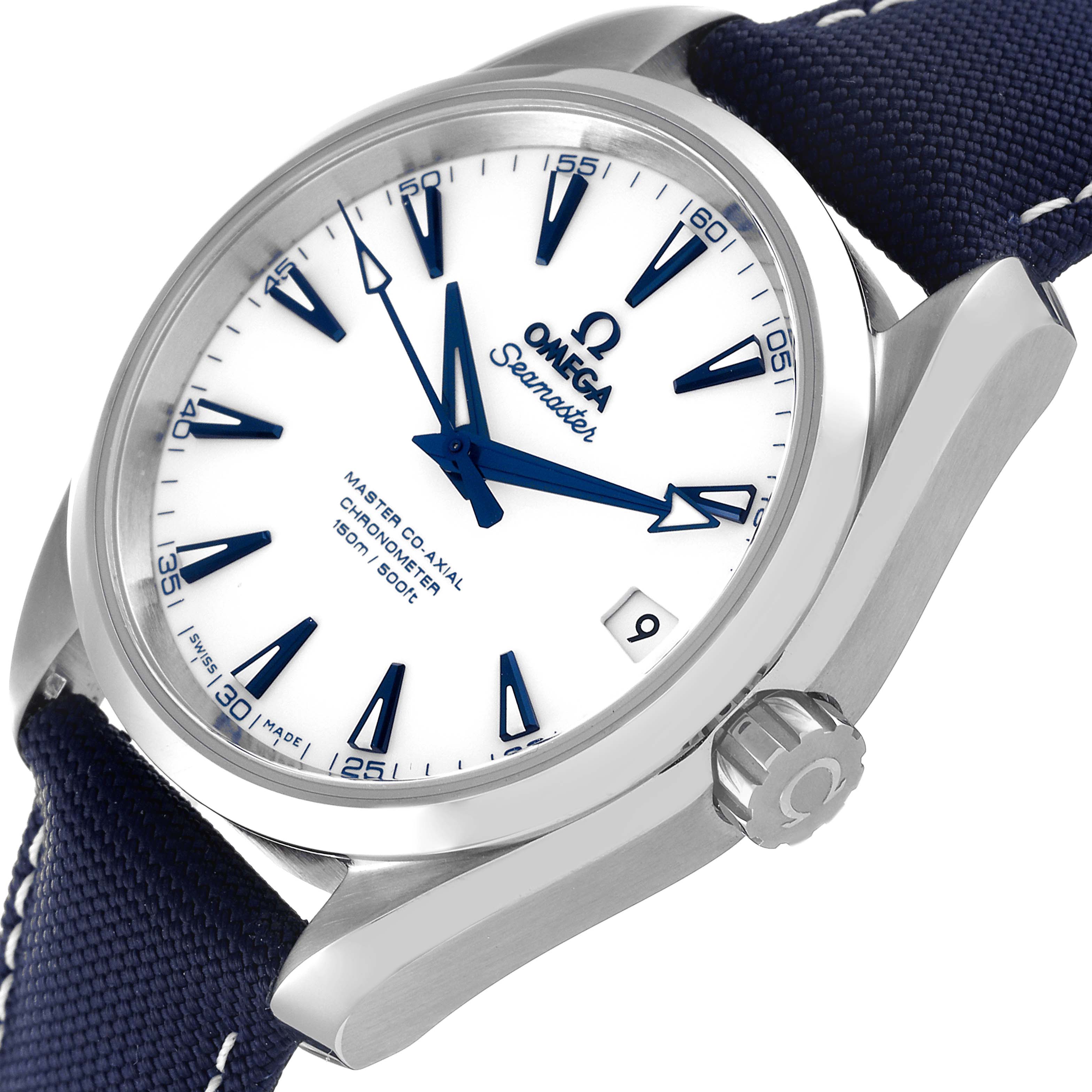 The image shows an Omega Aqua Terra 231.92.39.21.04.001 Men's Titanium White Dial 231.92.39.21.04.001 Men's Titanium White Dial model watch at an angle that highlights the dial, bezel, crown, and part of the strap.