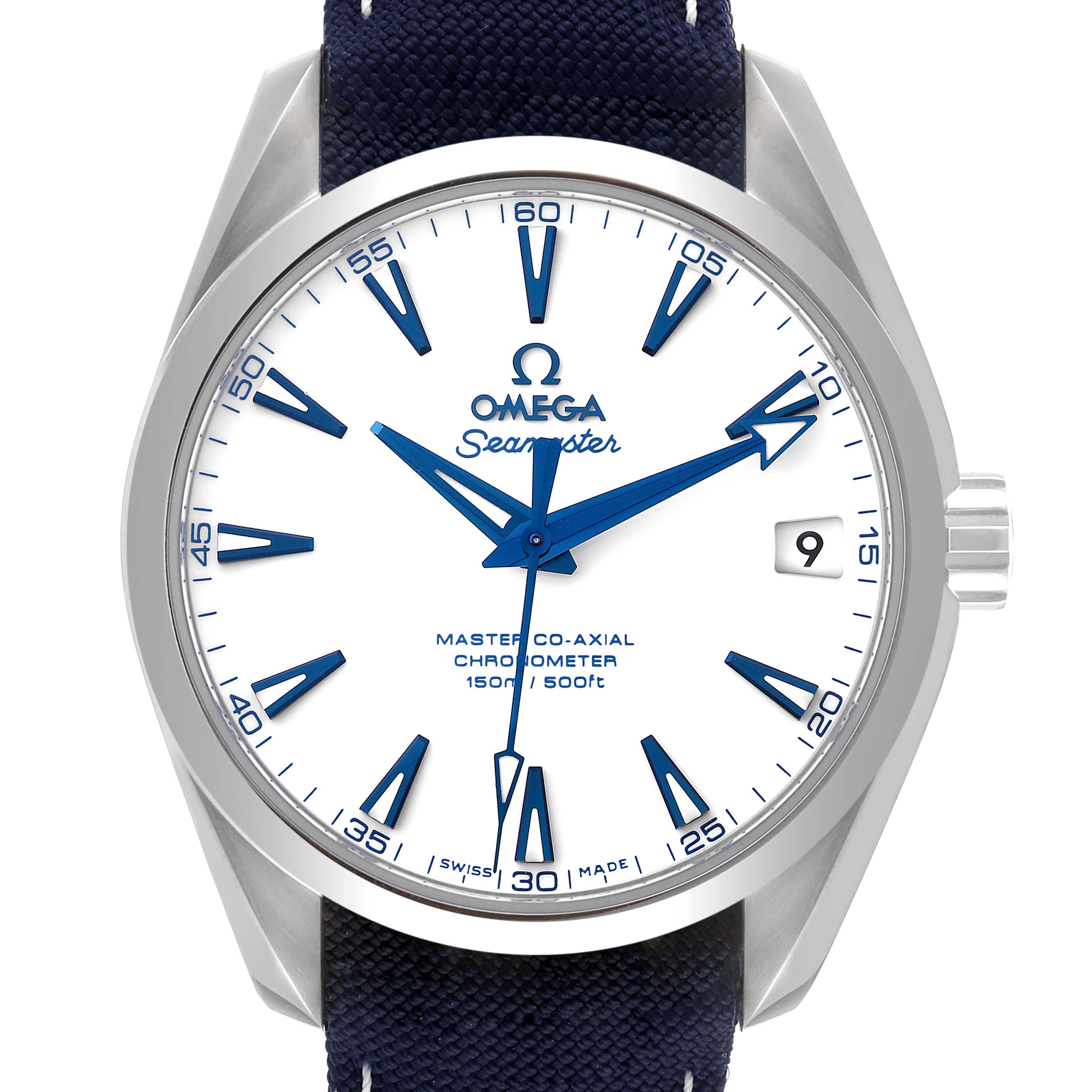 This image shows a front view of the Omega Aqua Terra 231.92.39.21.04.001 Men's Titanium White Dial 231.92.39.21.04.001 Men's Titanium White Dial watch, detailing its dial, hour markers, hands, and strap.