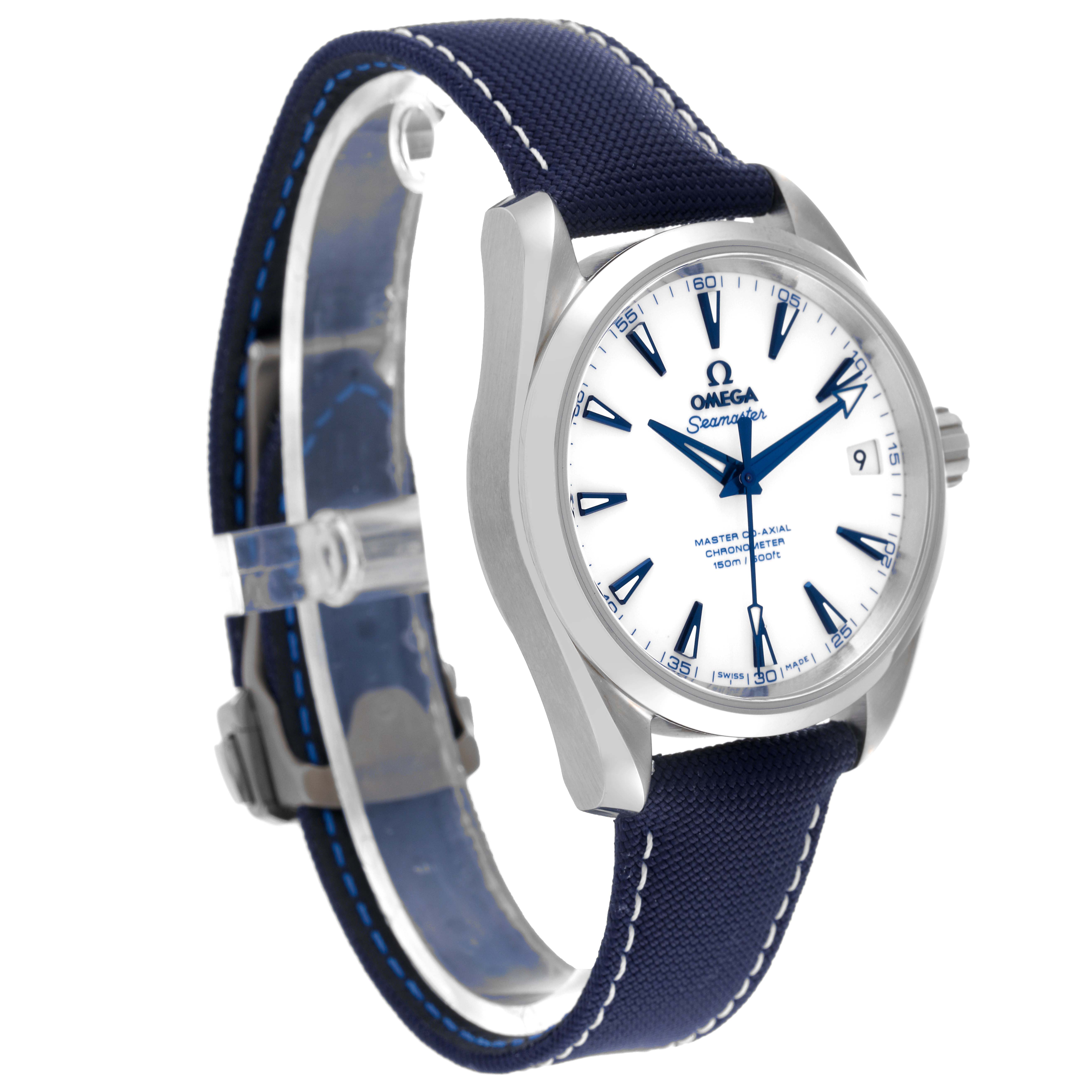 The image shows an Omega Aqua Terra 231.92.39.21.04.001 Men's Titanium White Dial 231.92.39.21.04.001 Men's Titanium White Dial watch at a three-quarter angle with its dial, case, and blue strap visible.