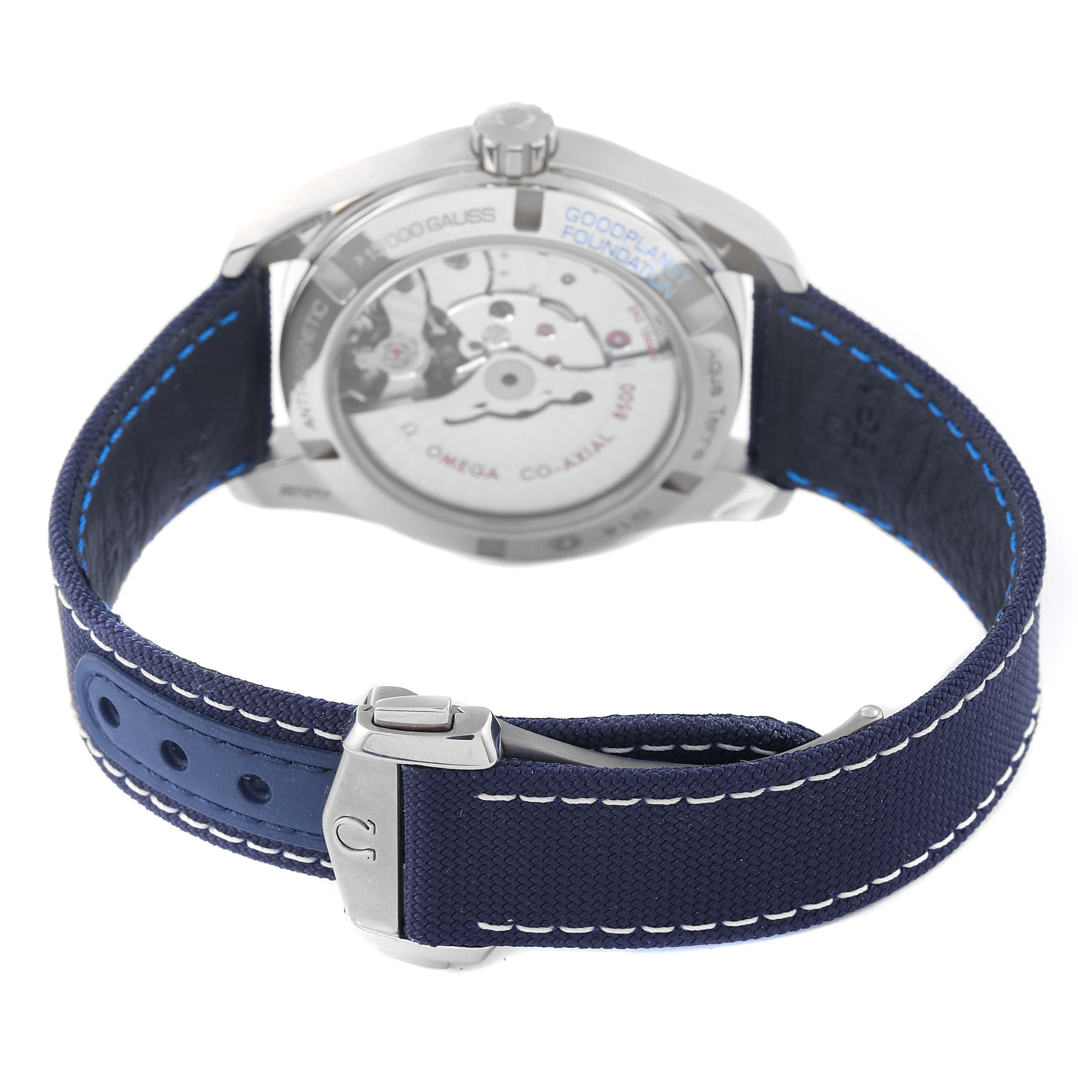 The image shows the back of the Omega Aqua Terra 231.92.39.21.04.001 Men's Titanium White Dial 231.92.39.21.04.001 Men's Titanium White Dial watch, focusing on the case back and blue strap with buckle.