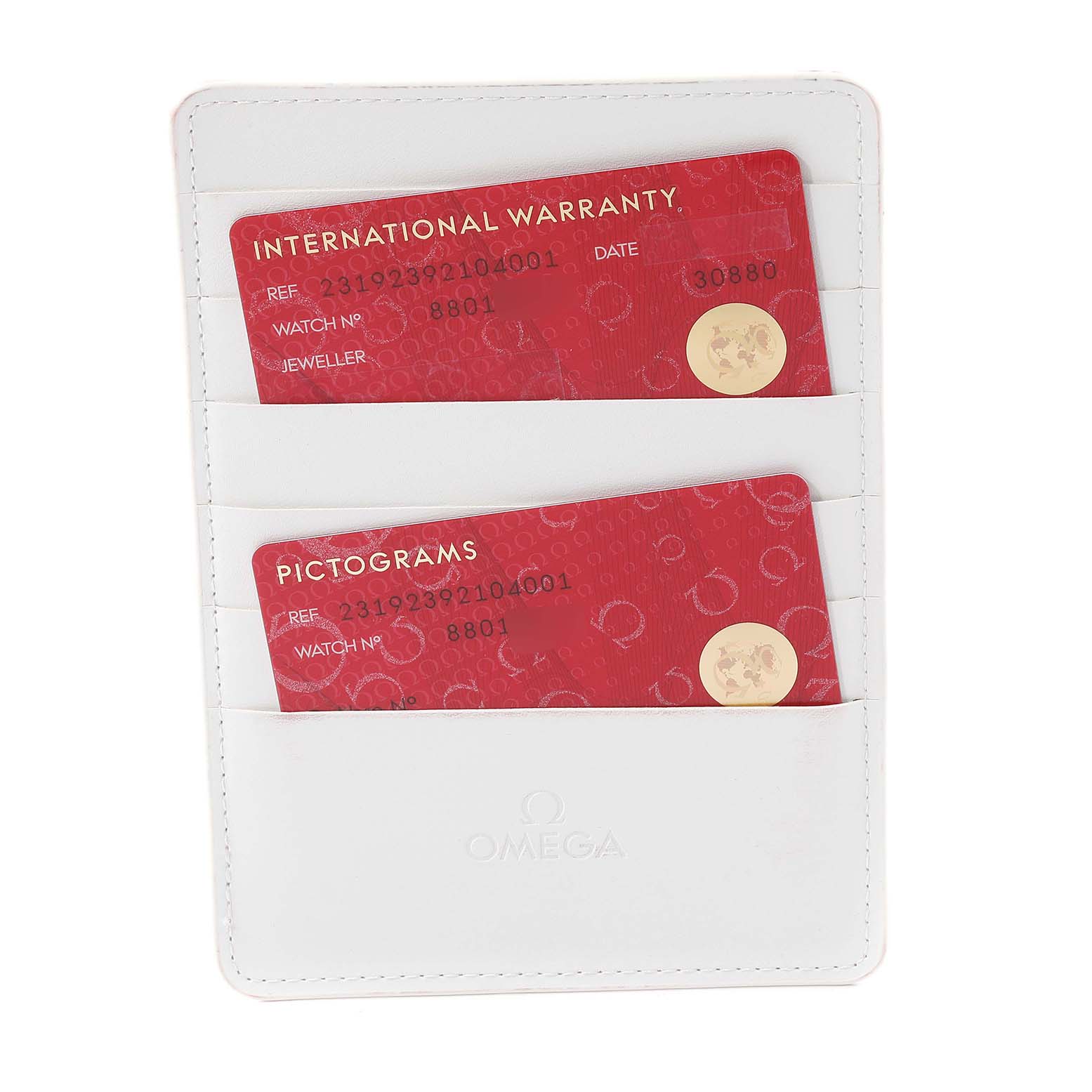 The image shows the International Warranty and Pictograms cards for the Omega Aqua Terra 231.92.39.21.04.001 Men's Titanium White Dial 231.92.39.21.04.001 Men's Titanium White Dial model in a white holder.