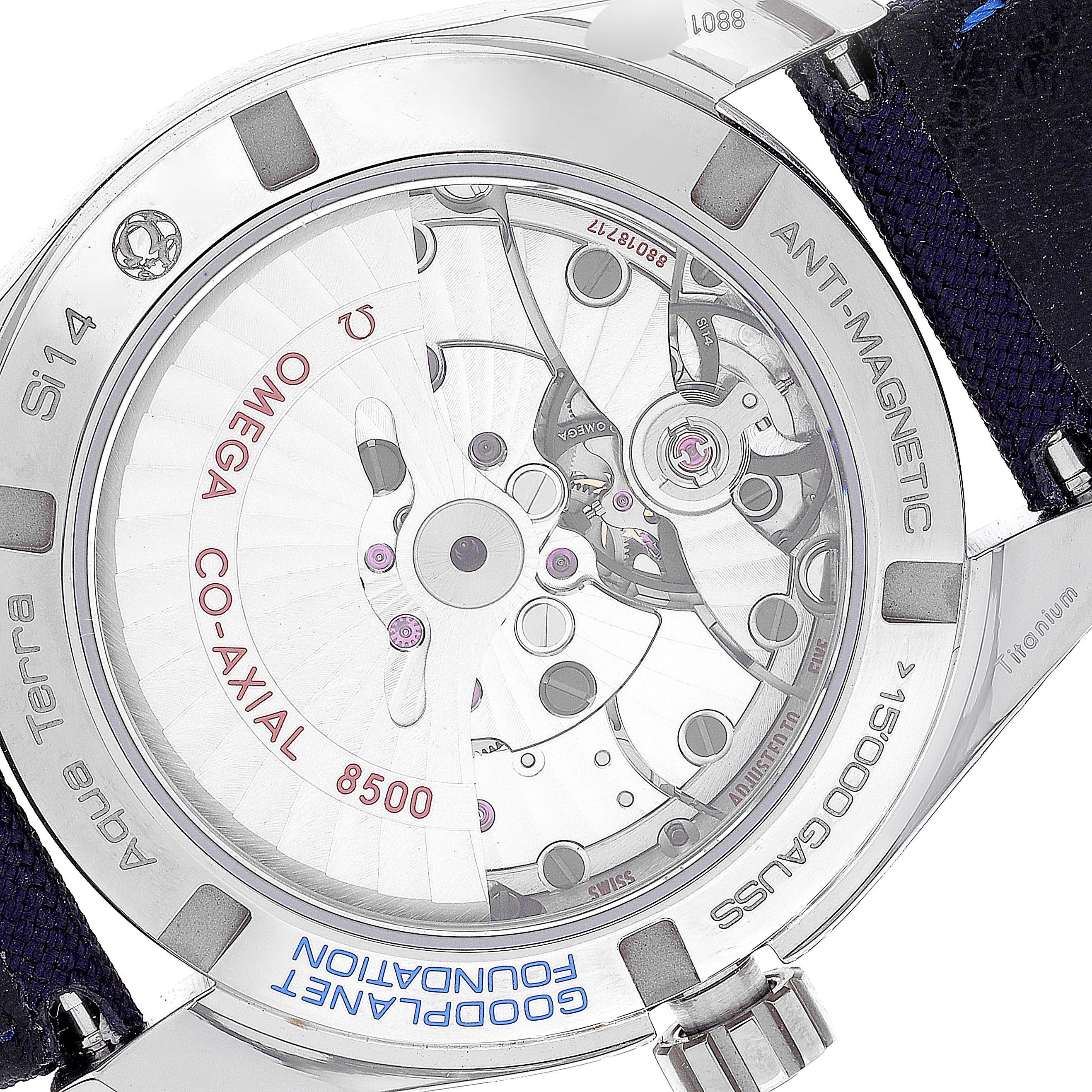 The image shows the back case of the Omega Aqua Terra 231.92.39.21.04.001 Men's Titanium White Dial 231.92.39.21.04.001 Men's Titanium White Dial watch, revealing the Co-Axial 8500 movement and various markings.