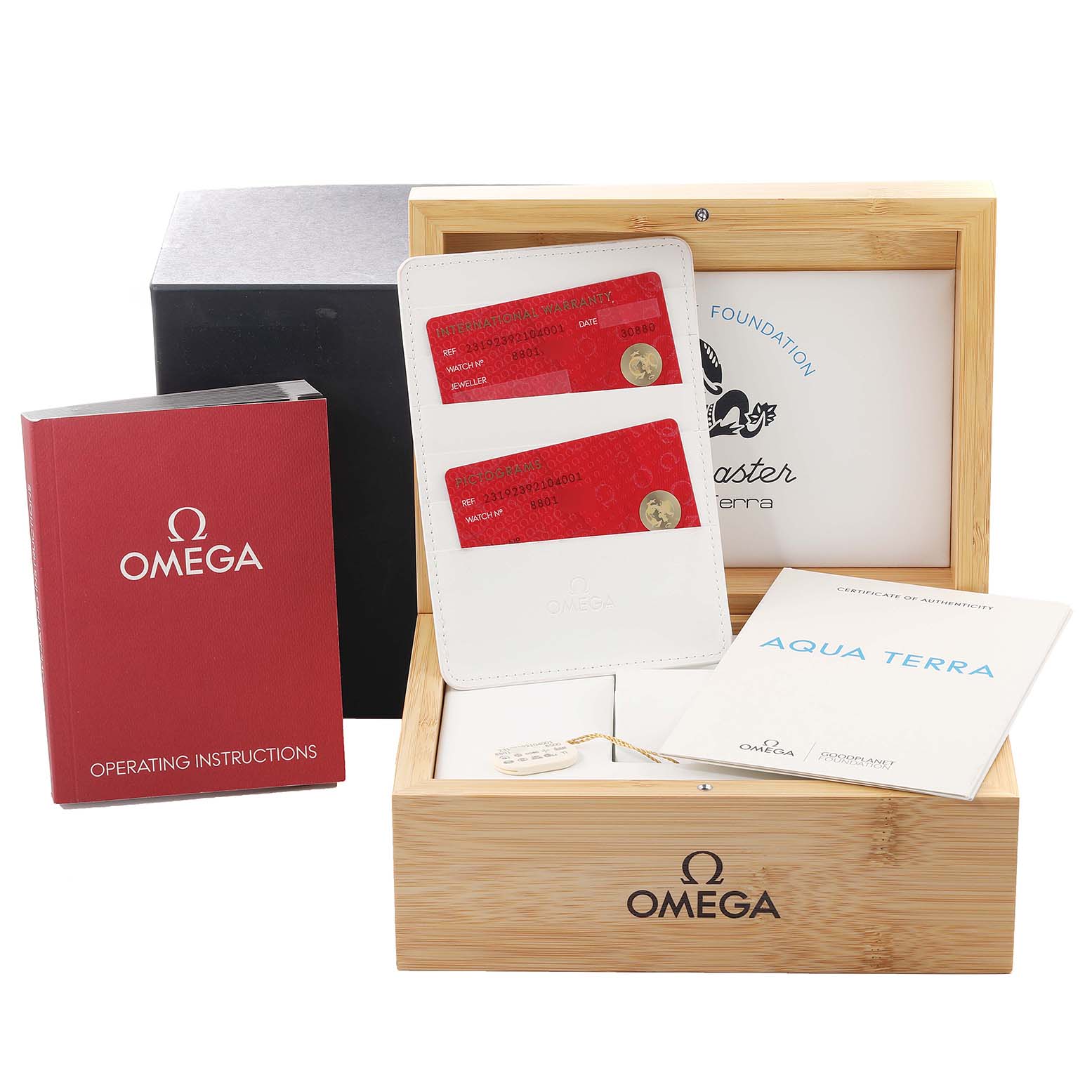 The image shows the Omega Aqua Terra 231.92.39.21.04.001 Men's Titanium White Dial 231.92.39.21.04.001 Men's Titanium White Dial watch box, operating instructions, authenticity cardholder, and certificate.