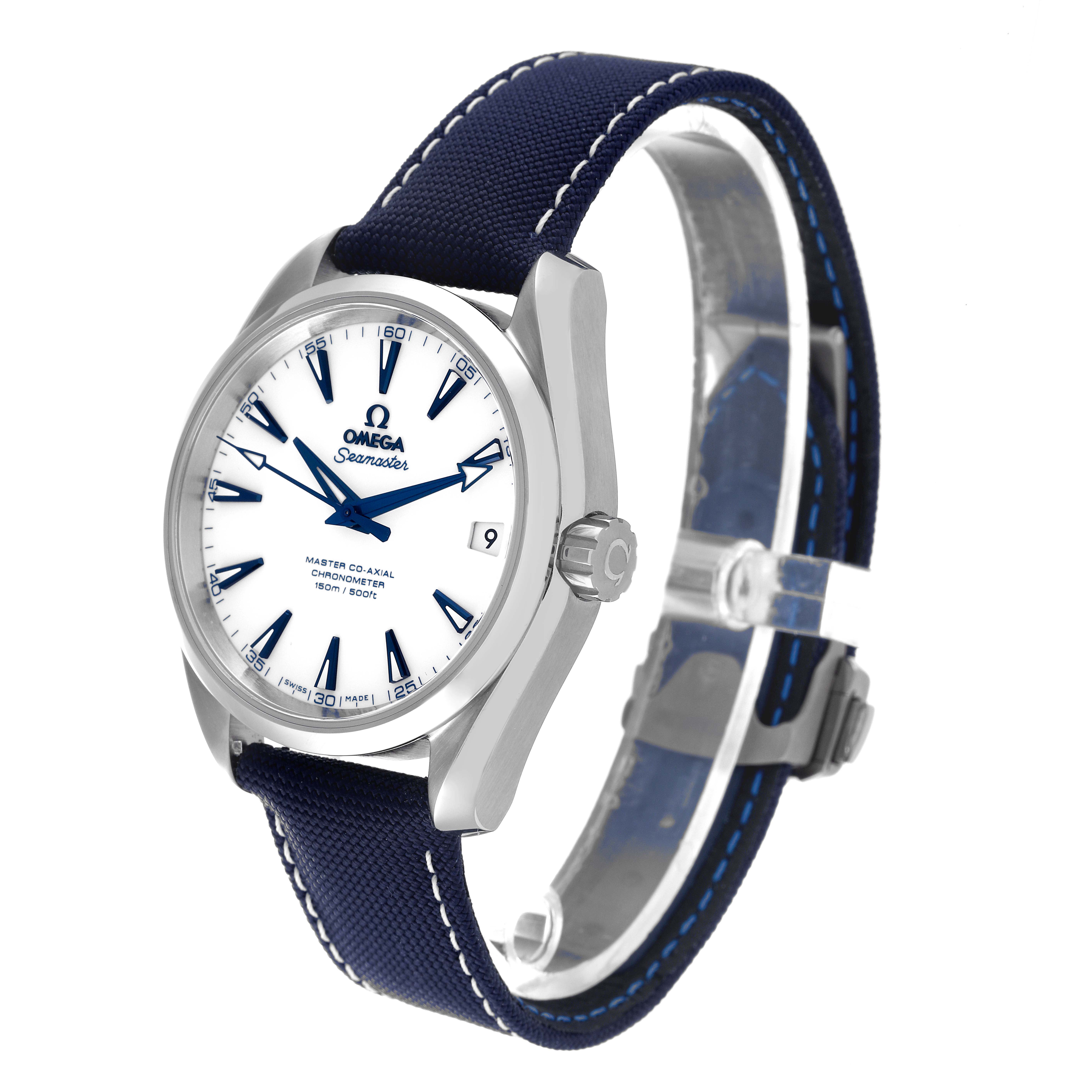 The Omega Aqua Terra 231.92.39.21.04.001 Men's Titanium White Dial 231.92.39.21.04.001 Men's Titanium White Dial watch is shown at an angle displaying its face, crown, and strap.