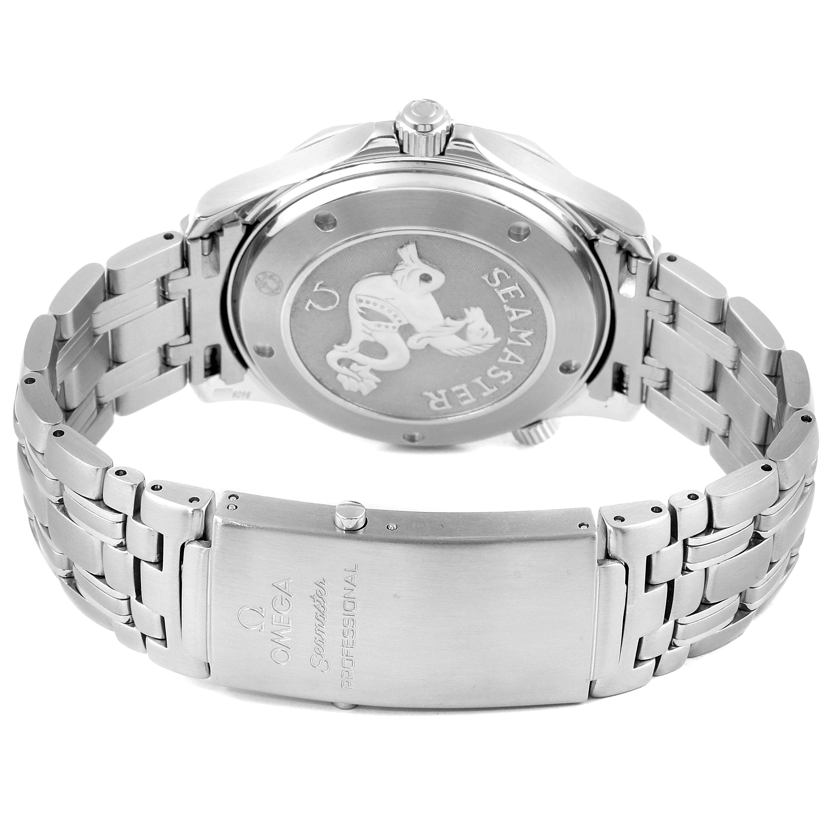 The image shows the backside and clasp of an Omega Seamaster 212.30.41.20.01.002 Men
s Stainless Steel Black Dial 212.30.41.20.01.002 Men
s Stainless Steel Black Dial watch, highlighting the logo and stainless steel bracelet.