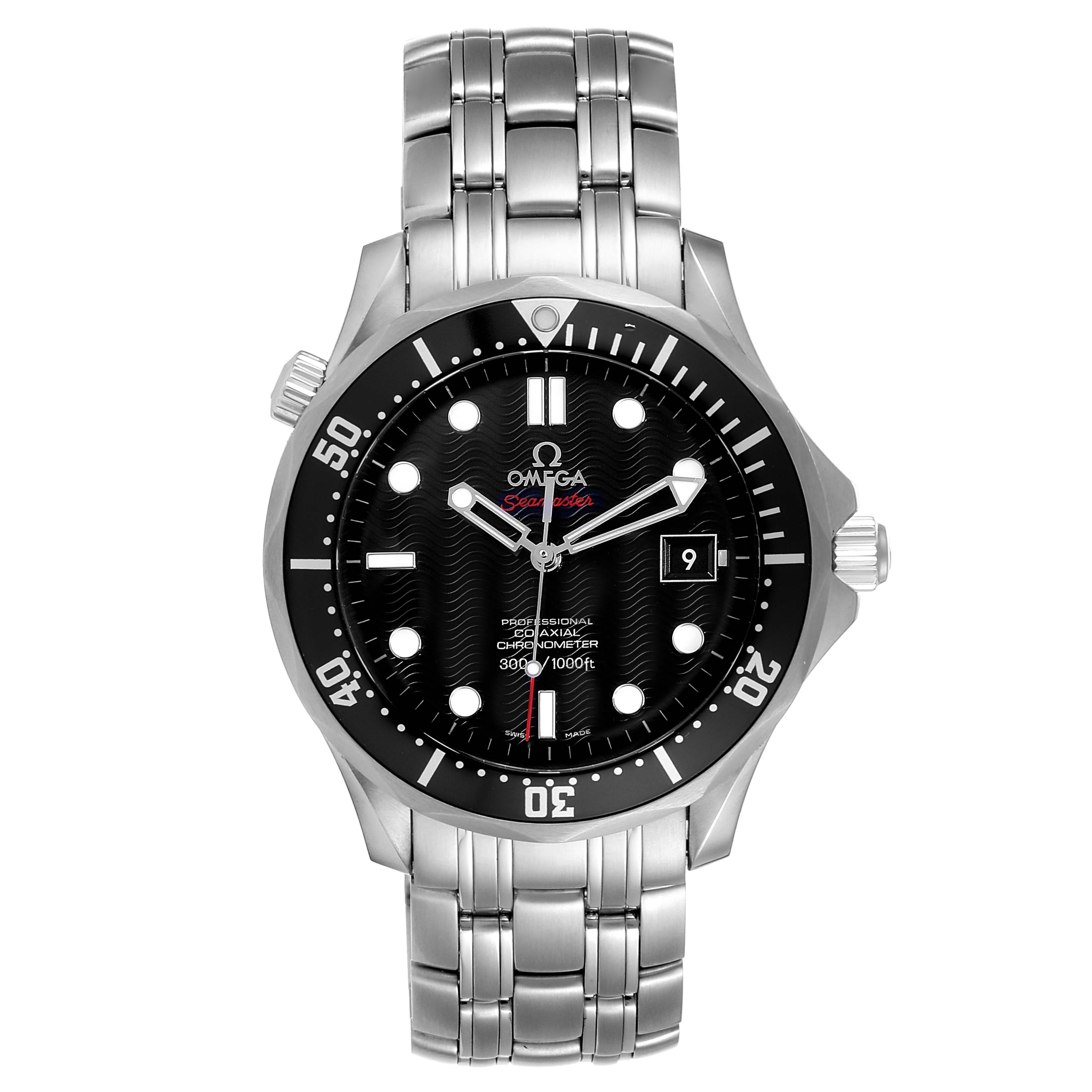The image shows a front view of the Omega Seamaster 212.30.41.20.01.002 Men
s Stainless Steel Black Dial 212.30.41.20.01.002 Men
s Stainless Steel Black Dial watch, including the dial, bezel, crown, and stainless steel bracelet.