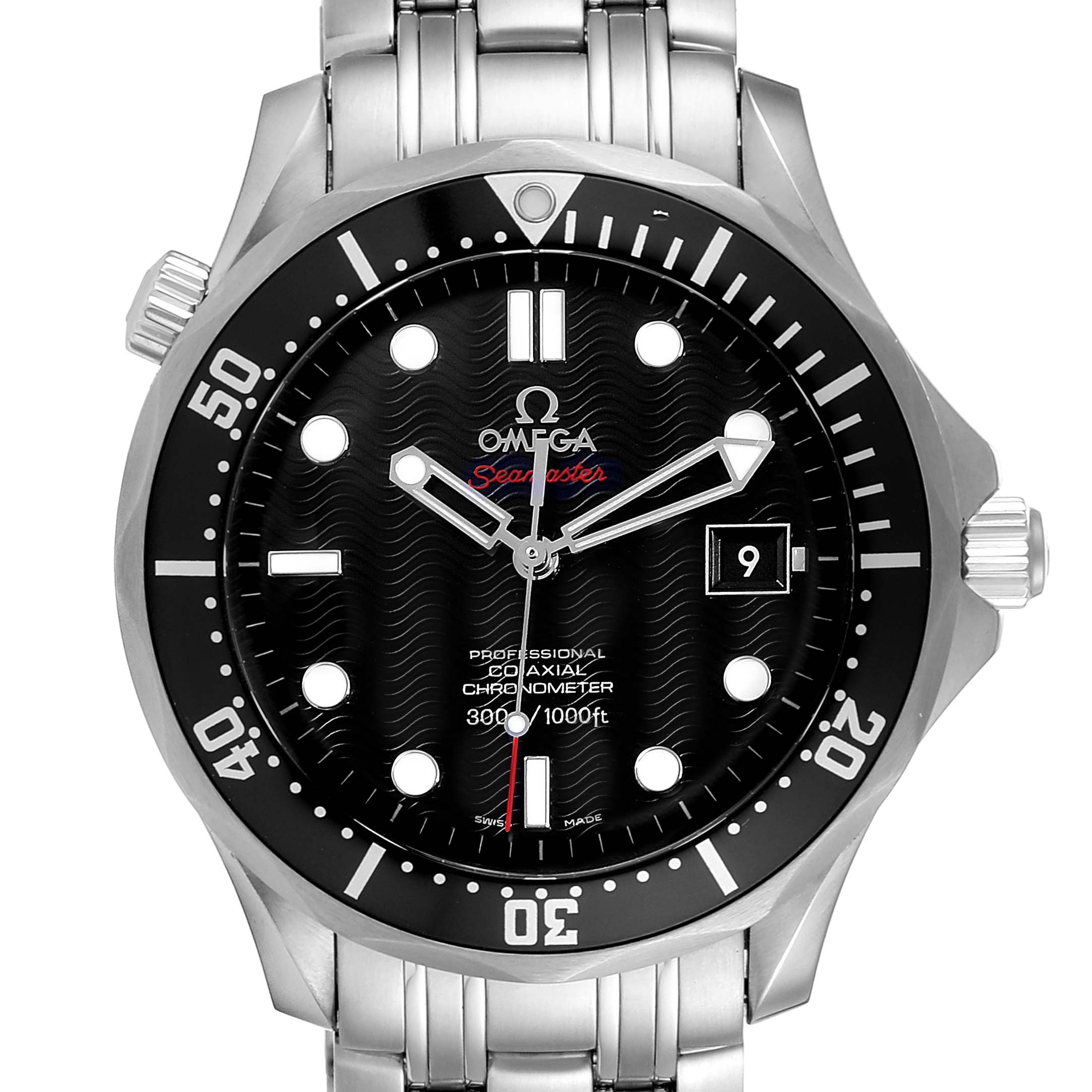 The image shows a front view of an Omega Seamaster 212.30.41.20.01.002 Men
s Stainless Steel Black Dial 212.30.41.20.01.002 Men
s Stainless Steel Black Dial watch, highlighting the dial, bezel, crown, and bracelet.