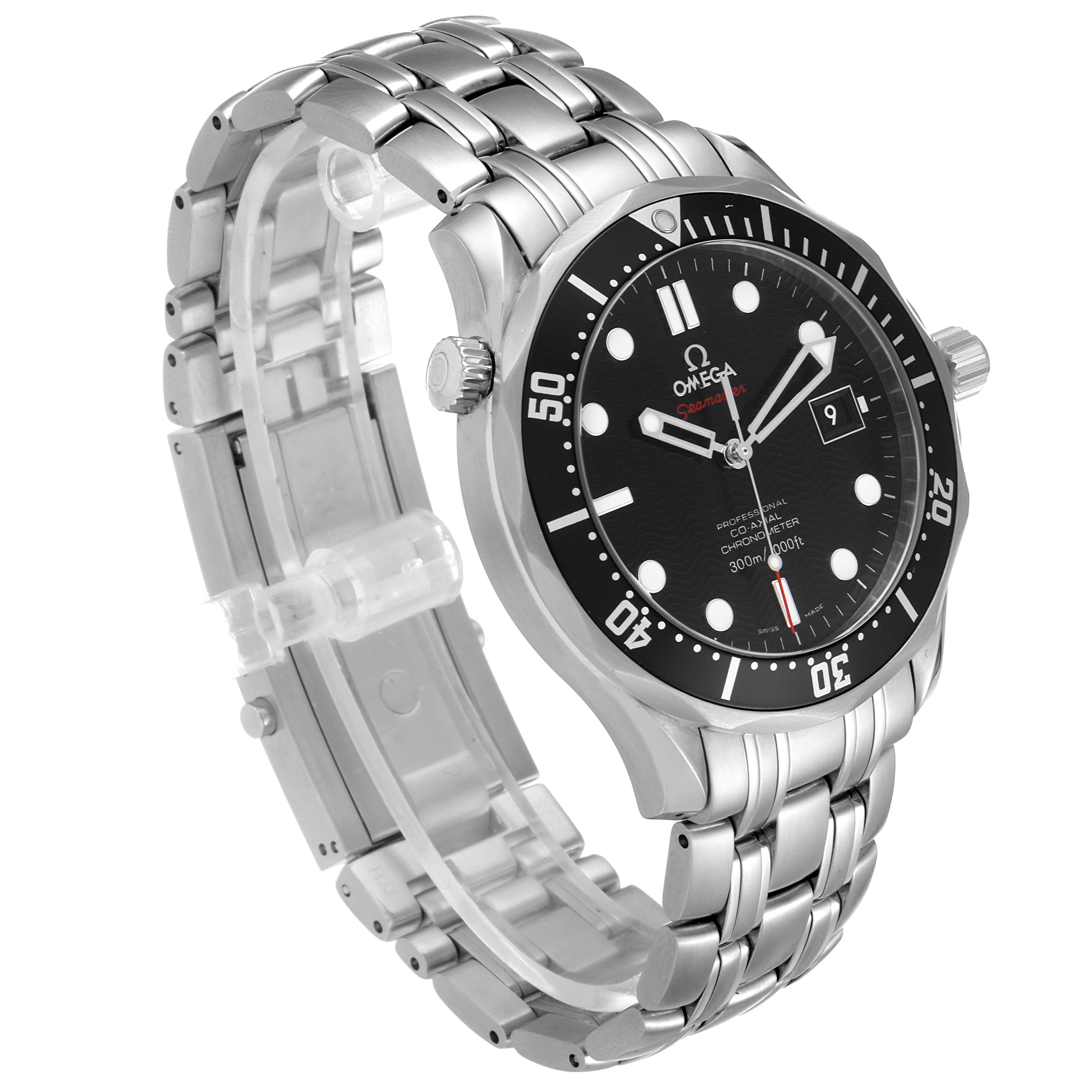 The image shows an angled view of the Omega Seamaster 212.30.41.20.01.002 Men
s Stainless Steel Black Dial 212.30.41.20.01.002 Men
s Stainless Steel Black Dial watch, featuring its stainless steel band, black dial, and bezel.