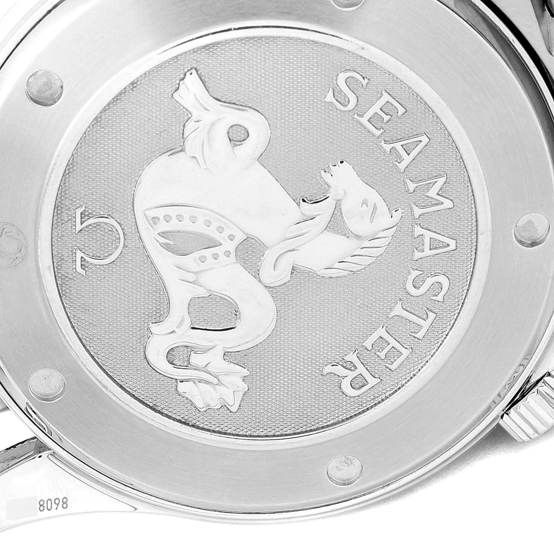 The image shows the case back of an Omega Seamaster 212.30.41.20.01.002 Men
s Stainless Steel Black Dial 212.30.41.20.01.002 Men
s Stainless Steel Black Dial watch with an engraved emblem.