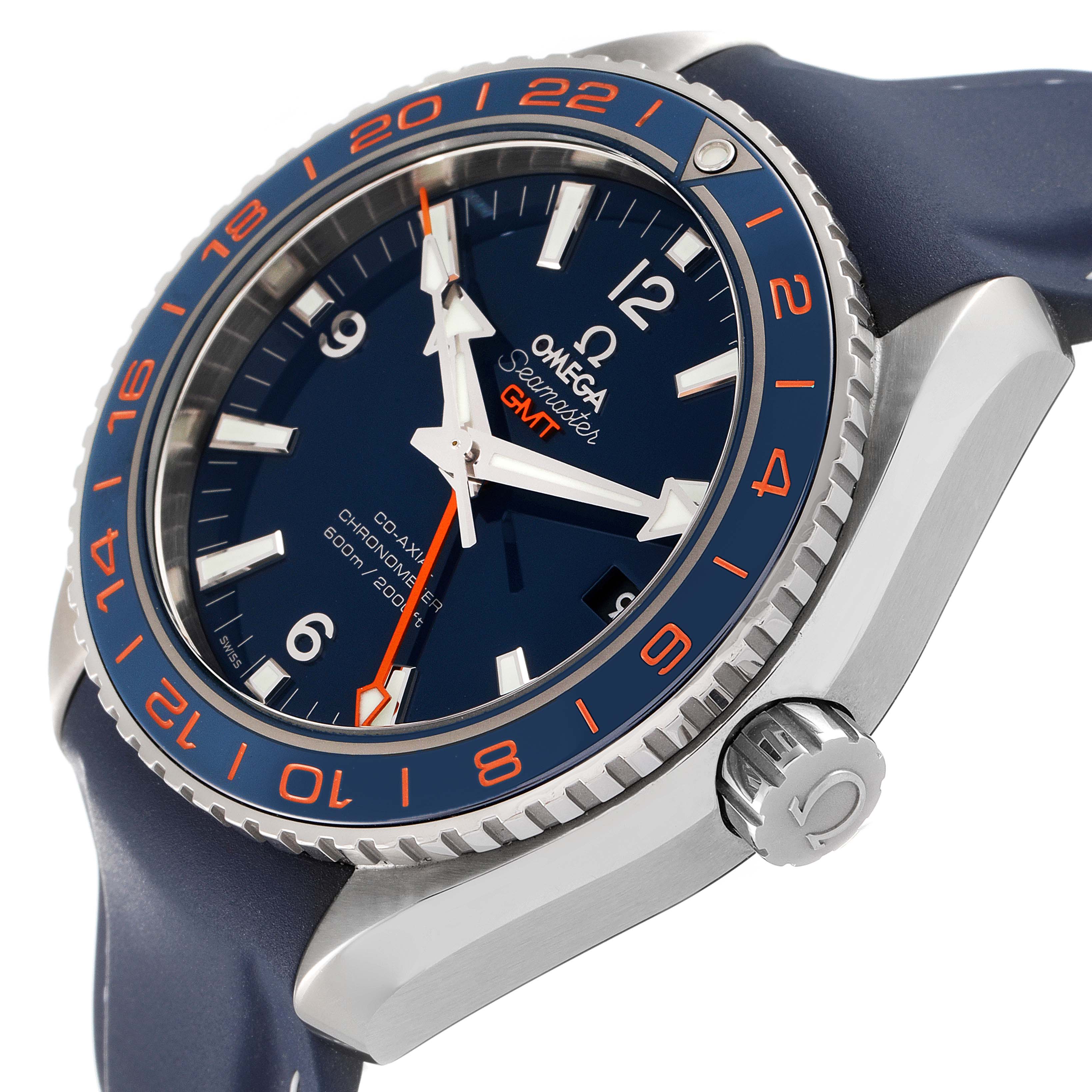 The image shows the Omega Planet Ocean 232.30.44.22.03.001 Men's Stainless Steel Blue Dial 232.30.44.22.03.001 Men's Stainless Steel Blue Dial's face and crown at a slight side angle, highlighting the dial and bezel.