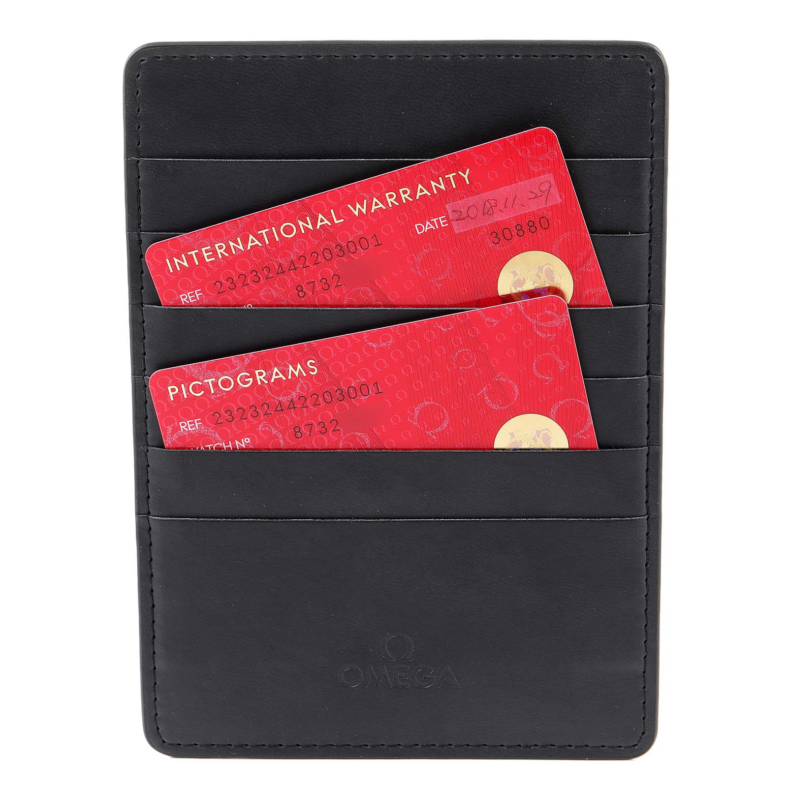 The image shows the warranty cards and cardholder for the Omega Planet Ocean 232.30.44.22.03.001 Men's Stainless Steel Blue Dial 232.30.44.22.03.001 Men's Stainless Steel Blue Dial model, viewed from the front.