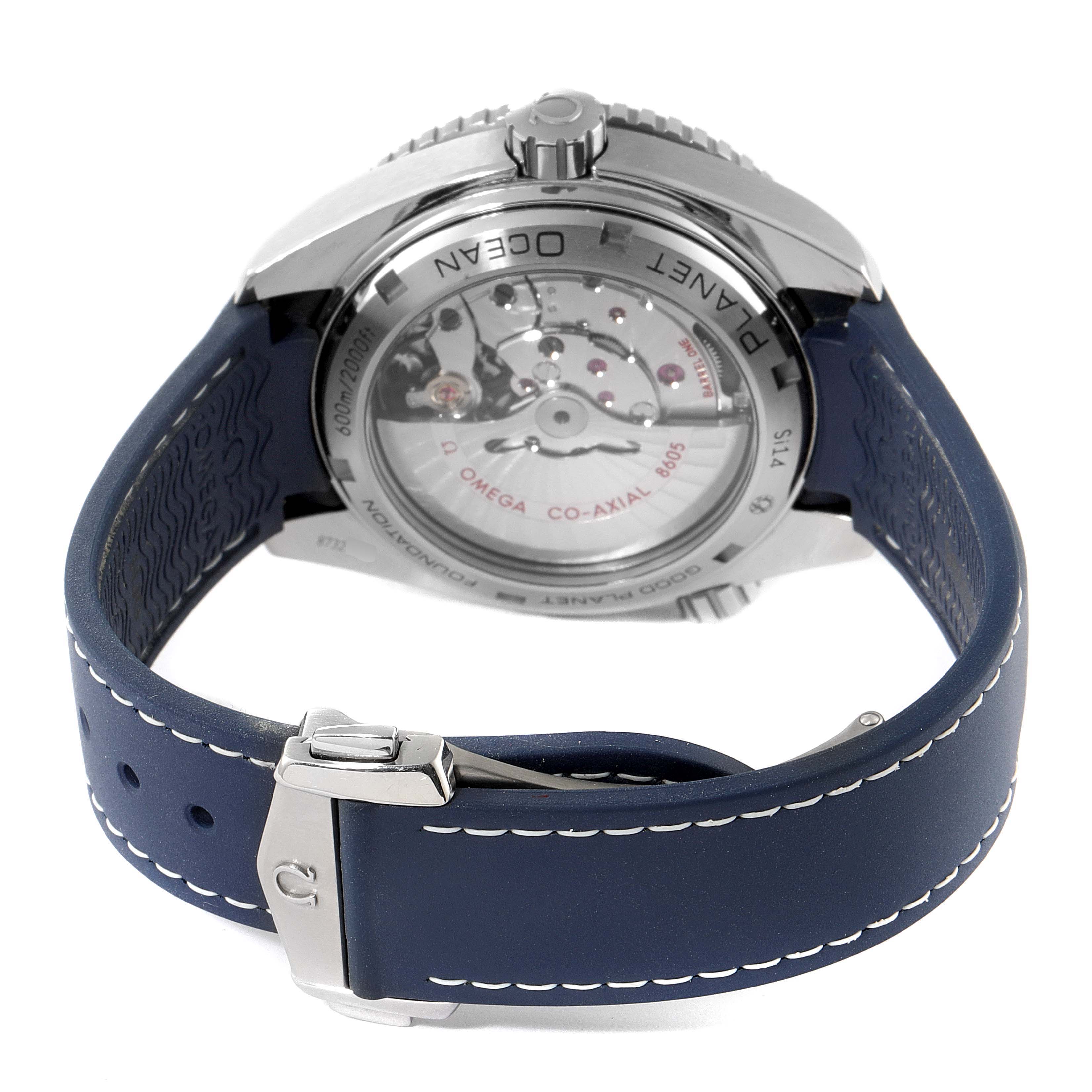 The image shows the back view of the Omega Planet Ocean 232.30.44.22.03.001 Men's Stainless Steel Blue Dial 232.30.44.22.03.001 Men's Stainless Steel Blue Dial watch, highlighting its movement through the transparent case back and the blue strap.