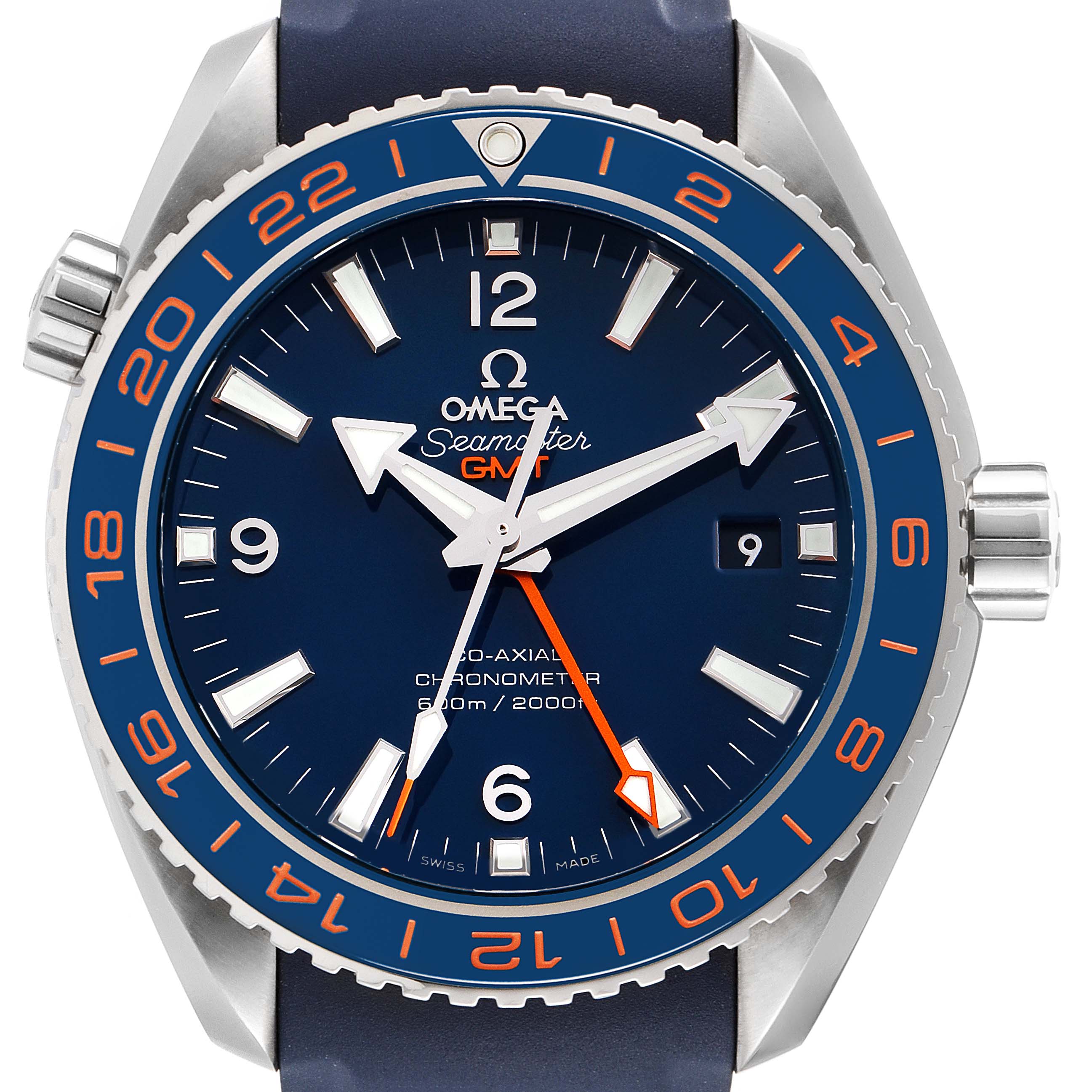 The image shows a front view of the Omega Planet Ocean 232.30.44.22.03.001 Men's Stainless Steel Blue Dial 232.30.44.22.03.001 Men's Stainless Steel Blue Dial watch, highlighting the dial, bezel, hands, and crown.