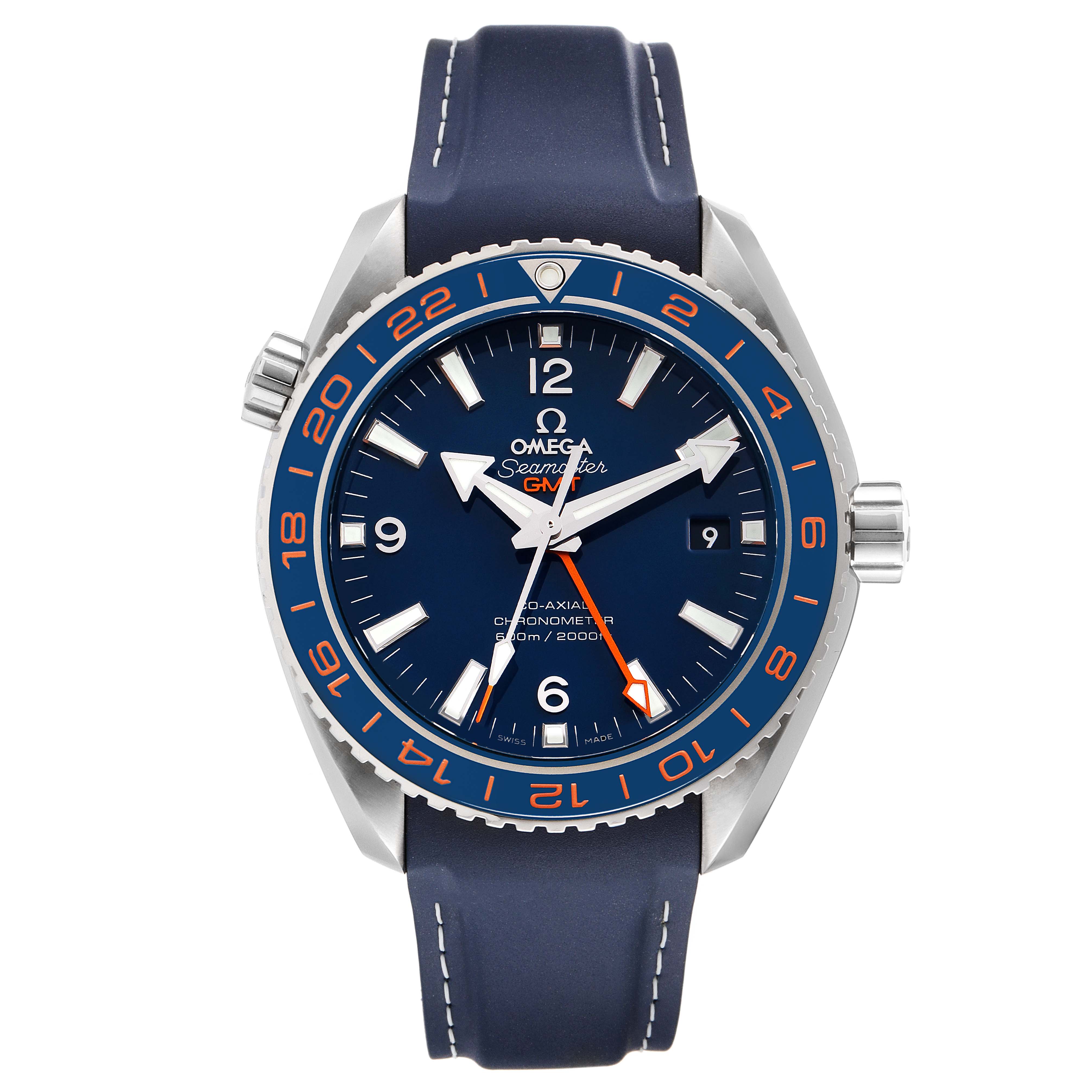 The image shows a front view of the Omega Planet Ocean 232.30.44.22.03.001 Men's Stainless Steel Blue Dial 232.30.44.22.03.001 Men's Stainless Steel Blue Dial model watch, displaying its dial, bezel, case, and strap.