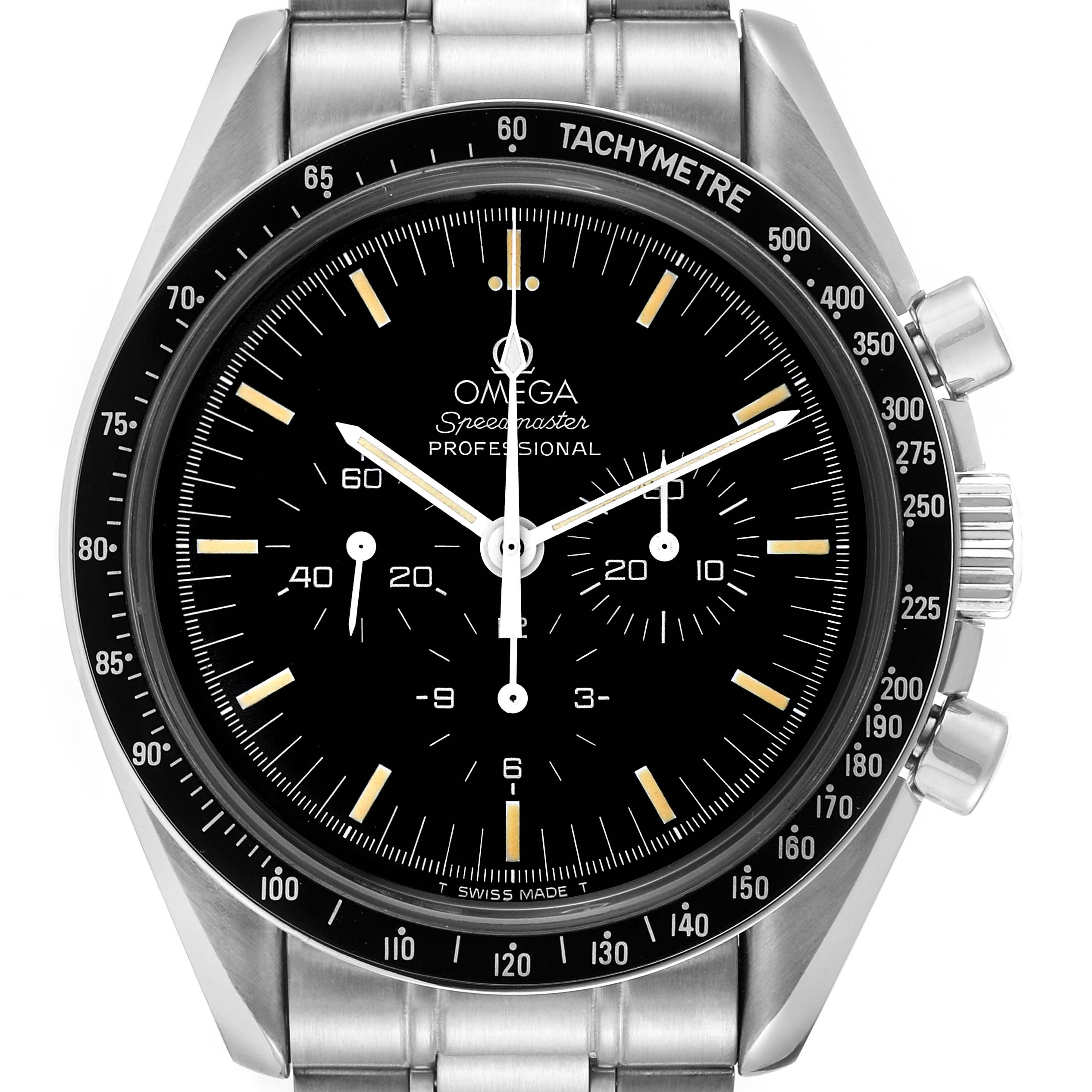 The Omega Speedmaster 3592.50.00 Men
s Stainless Steel Black Dial 3592.50.00 Men
s Stainless Steel Black Dial watch is shown from a front angle with its face and bezel clearly visible.