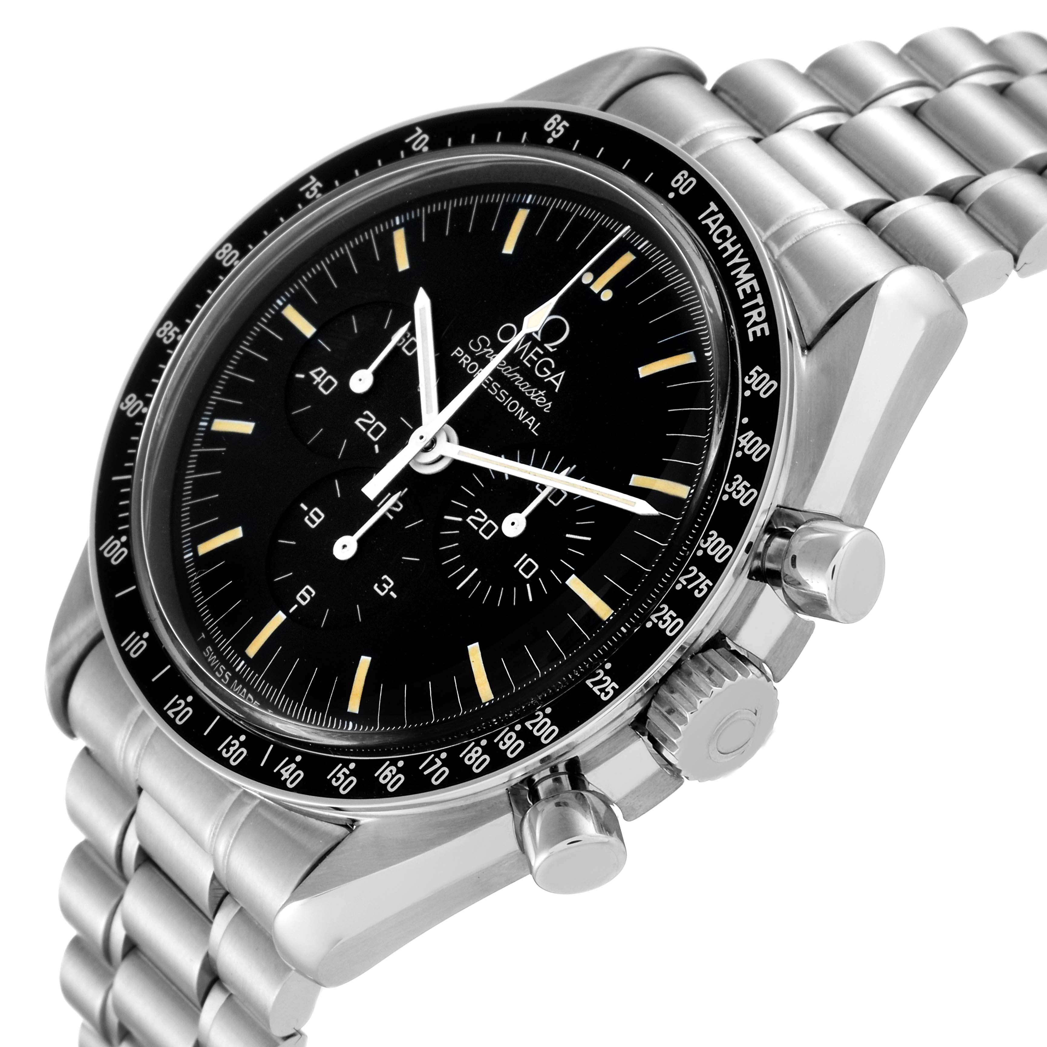 The Omega Speedmaster 3592.50.00 Men
s Stainless Steel Black Dial 3592.50.00 Men
s Stainless Steel Black Dial watch is shown at an angled view highlighting the dial, tachymeter bezel, and side pushers.