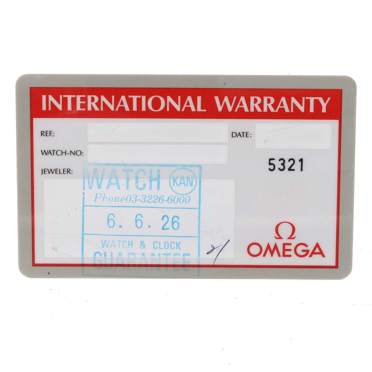 The image shows an International Warranty card for an Omega Speedmaster 3592.50.00 Men
s Stainless Steel Black Dial 3592.50.00 Men
s Stainless Steel Black Dial watch.