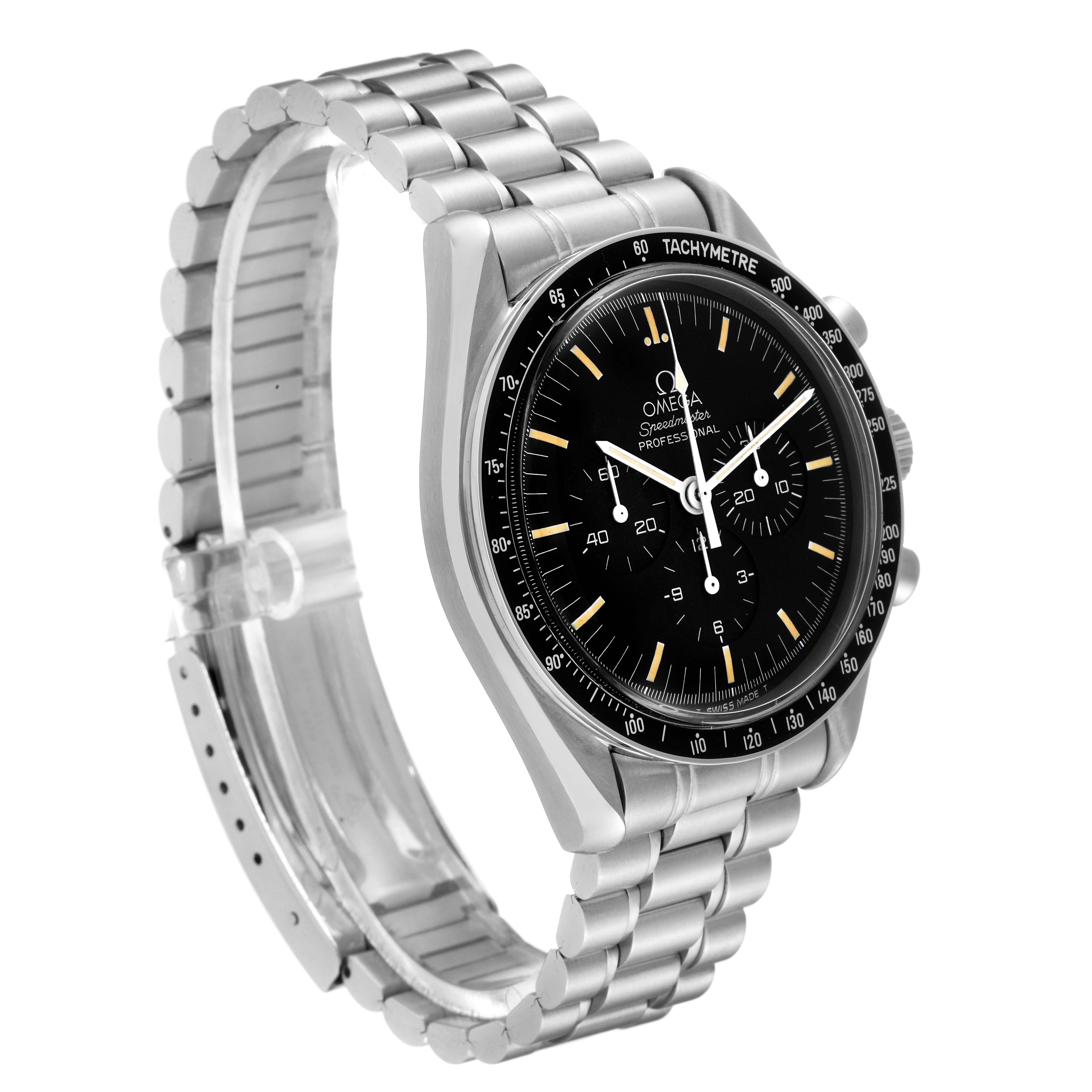 The Omega Speedmaster 3592.50.00 Men
s Stainless Steel Black Dial 3592.50.00 Men
s Stainless Steel Black Dial watch is shown at a three-quarter angle, highlighting the black dial, tachymeter bezel, and metal bracelet.