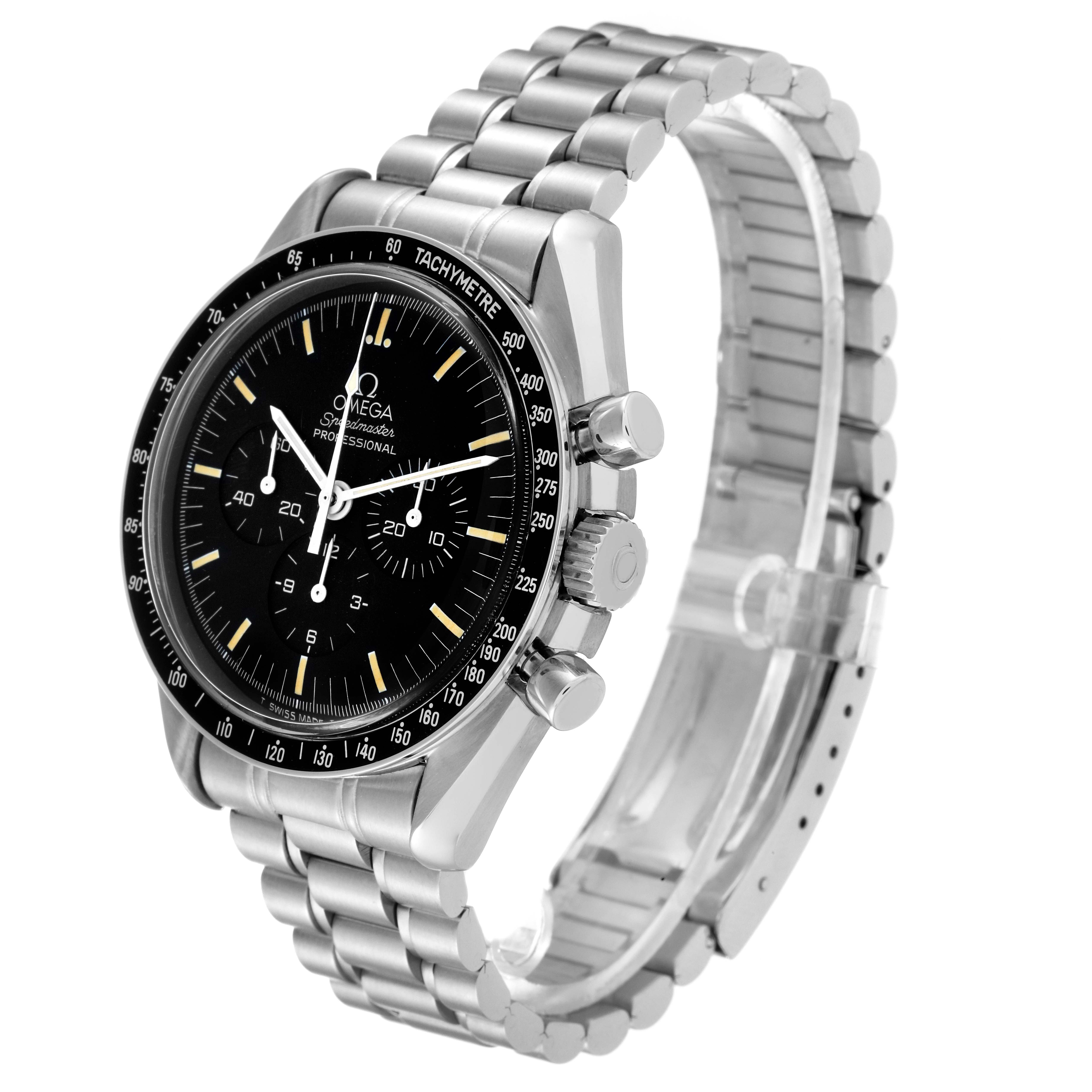 The Omega Speedmaster 3592.50.00 Men
s Stainless Steel Black Dial 3592.50.00 Men
s Stainless Steel Black Dial watch is shown at a slight angle from the front, highlighting its dial, bezel, pushers, and bracelet.